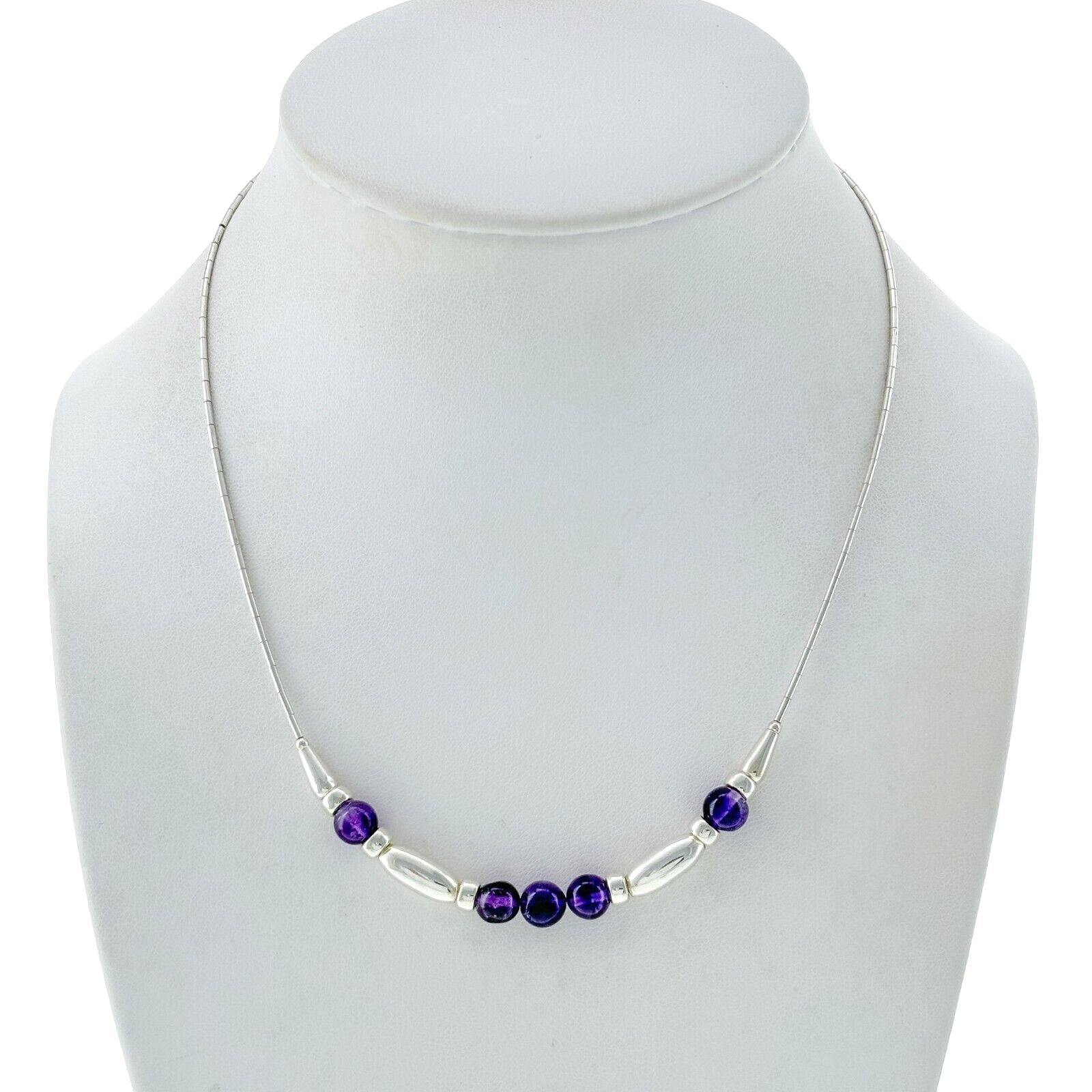 Amethyst Bead Bar Necklace | Vintage Sterling Liquid Silver 925 | 16”