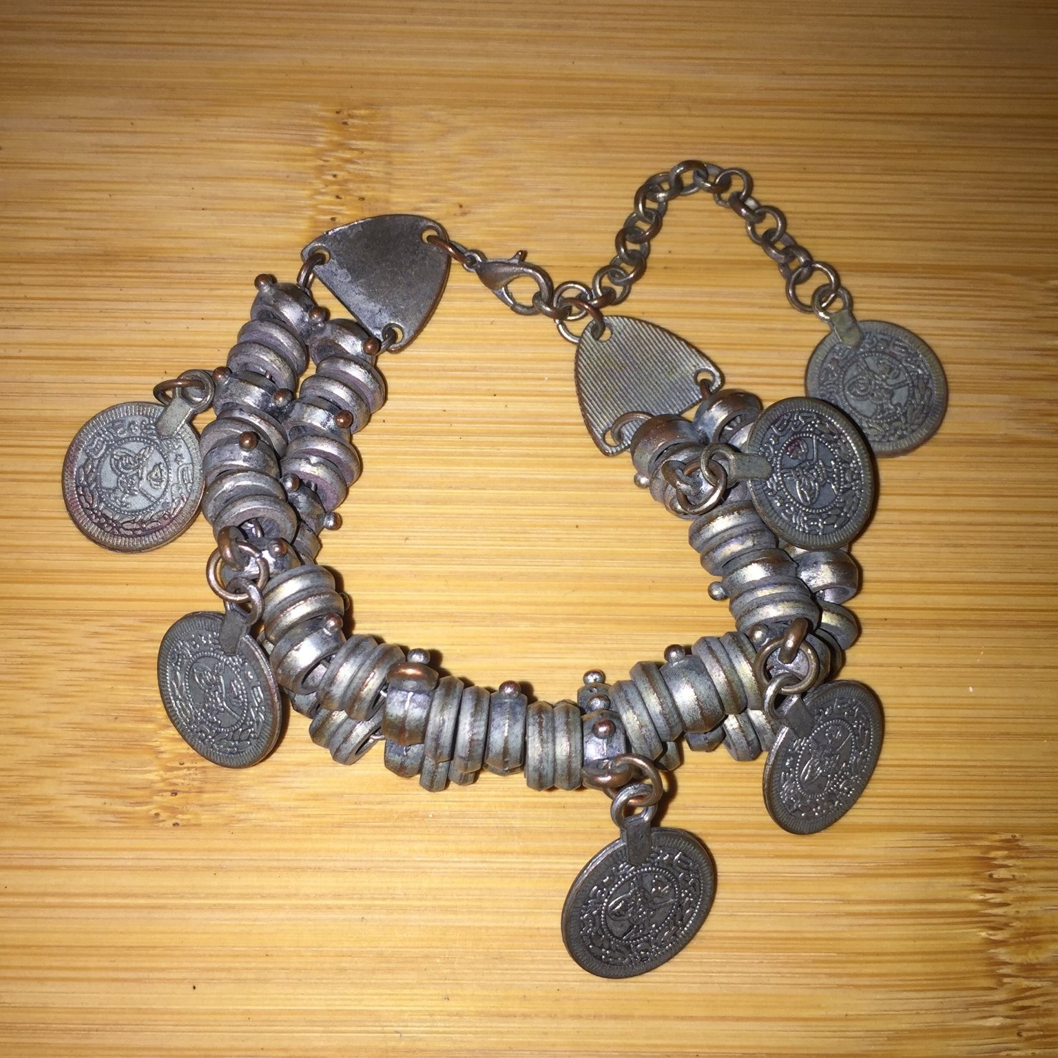 Vintage Coin Charm Bracelet Antique Silver Tone Boho Gypsy Style
