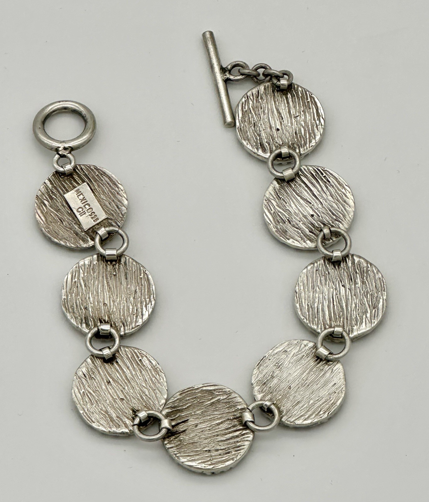 Sterling Silver 925 Mexico CII Textured Dome Disk and Toggle Closer Bracelet 44g