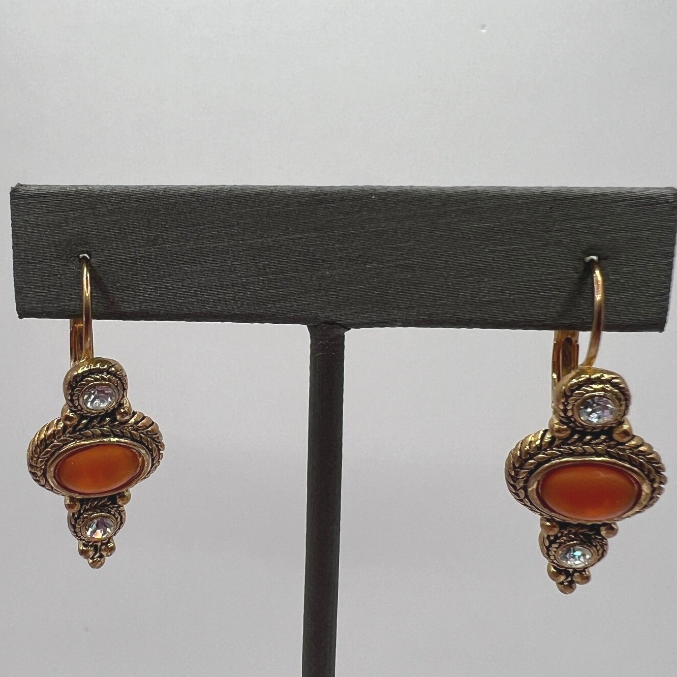 Vintage Pierced Dangle Earrings Clear Crystal Orange Acrylic Stone Drop