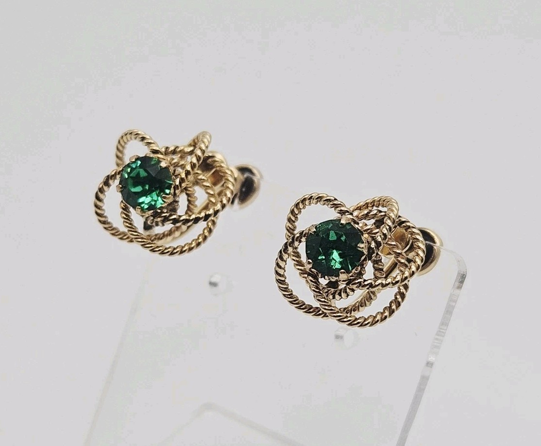 Henry Griffith 12k Gold Filled Antique Green Rhinestone Knot Screw Back Earrings