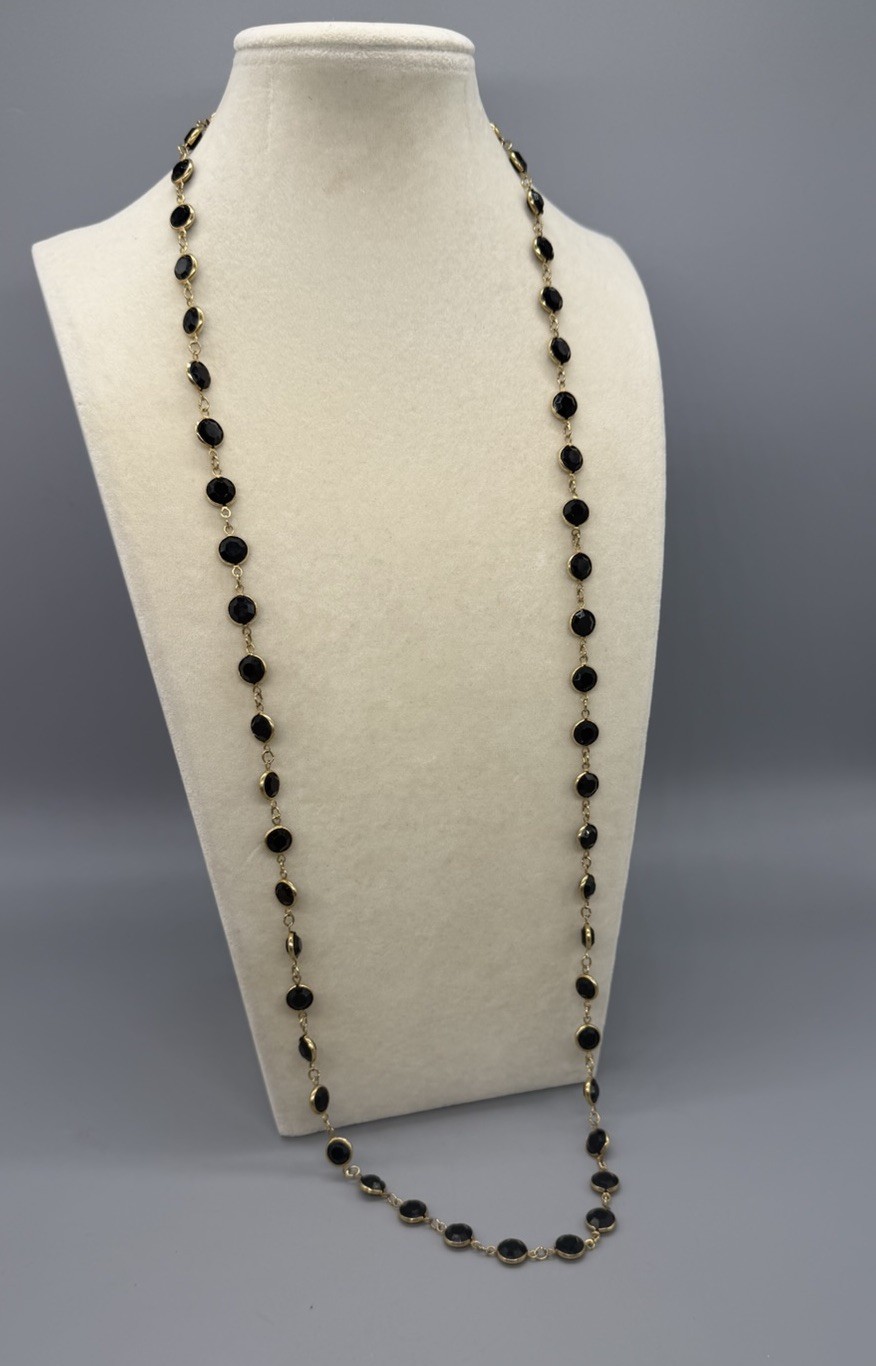 Swarovski Crystal Necklace Bezel Set Black Faceted Crystals Long Gold Tone 35”
