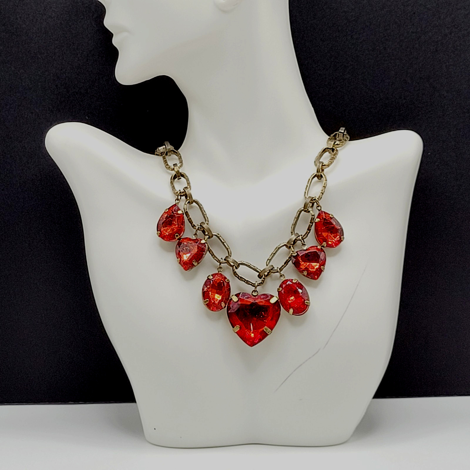 Red Acrylic Gem Statement Red Heart Brass Tone Large Link Vintage Necklace 17 In