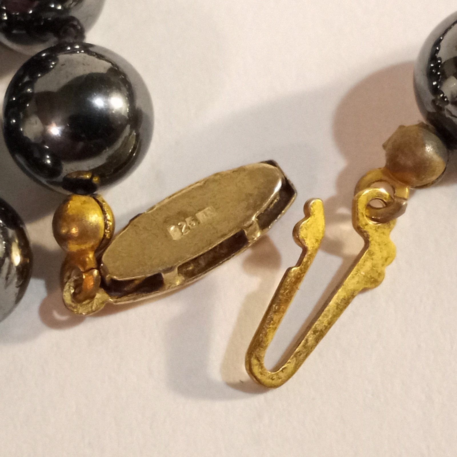 Rich Hematite Beaded Necklace Gilt Sterling Silver Clasp 22 inches Germany