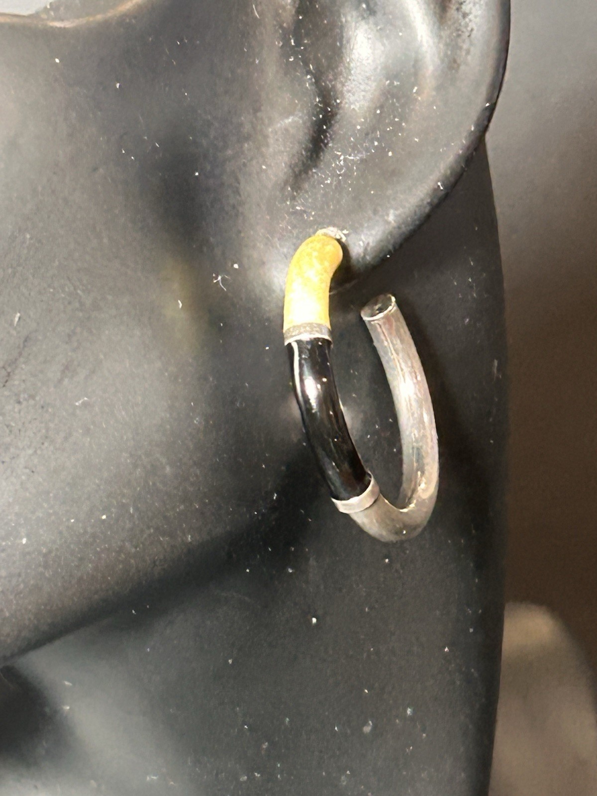 Vintage Silver Tone With White And Black Enamel Hoop Earrings