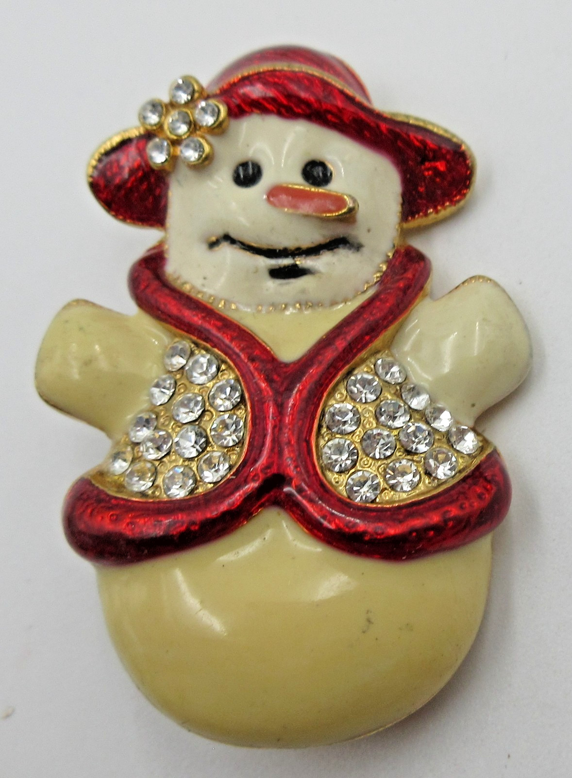 VTG SNOWMAN flower hat CLEAR RHINESTONE CHRISTMAS Brooch Pin red cream gold tone