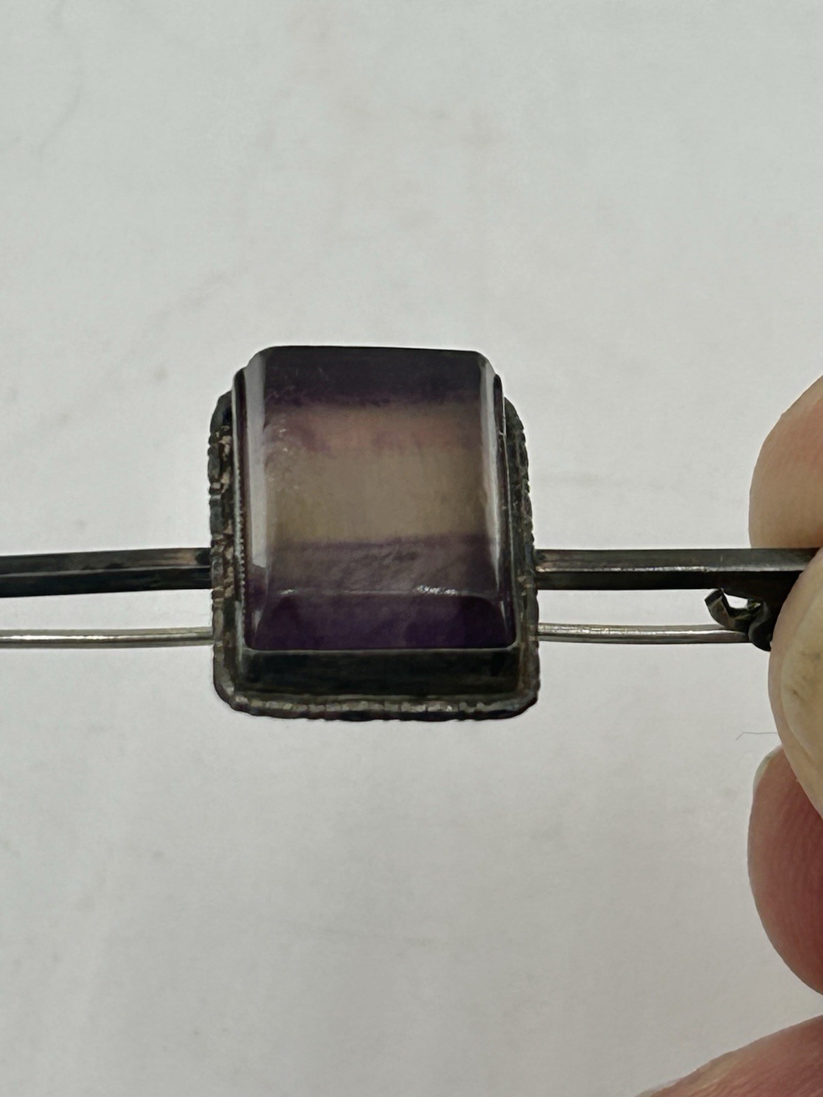 925 Sterling Silver Vintage Large Cushion Cut Amethyst Bar Pin Brooch