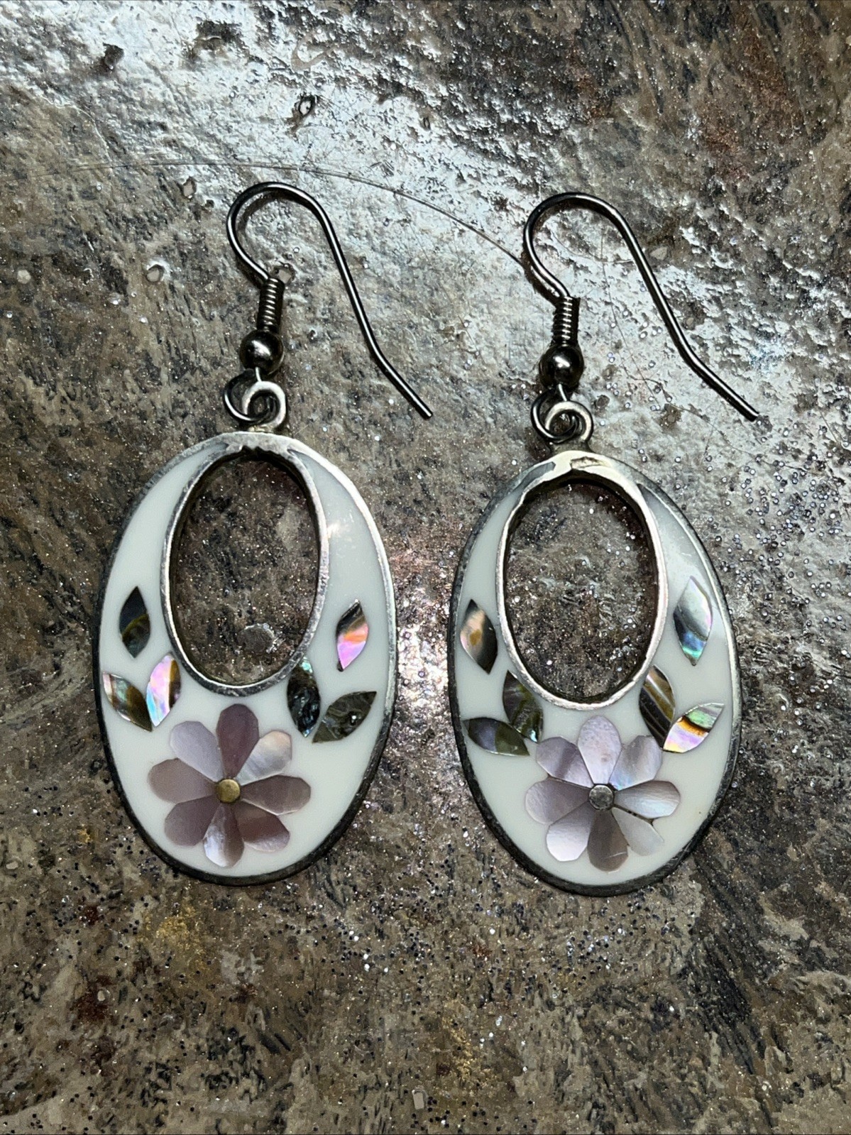 Vintage Mexican Alpaca Silver with Mother of Pearl Flower Design Earrings