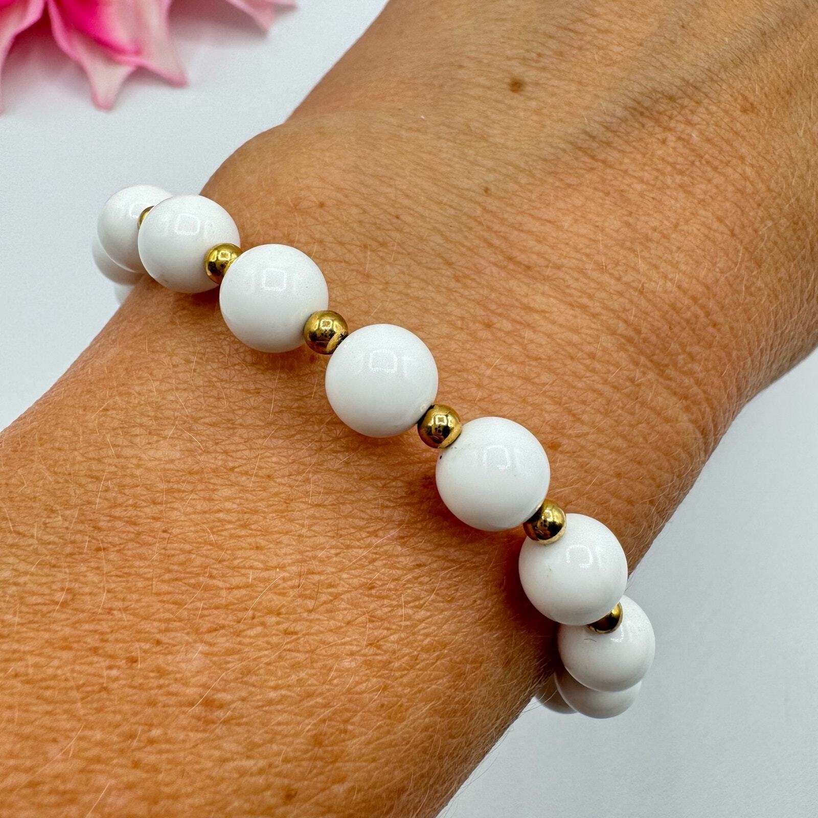 Vintage Monet White Beaded Signed Bracelet Gold Tone Chic Classic Sister Clasp