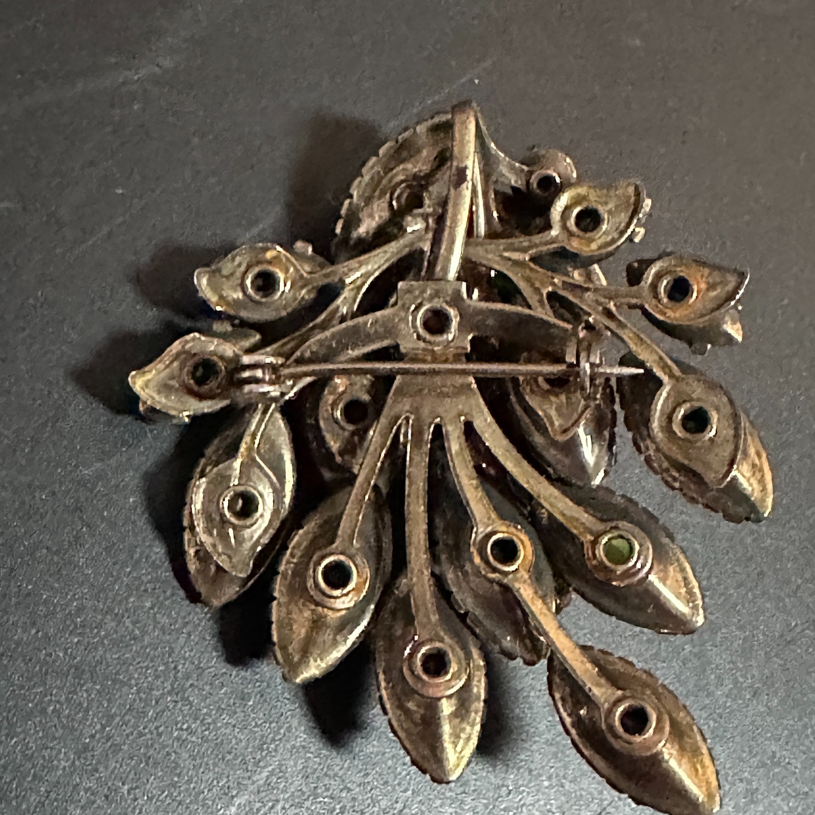 Vintage Rhinestone Brooch – Fall Colors Amber & Green Leaf 1940s