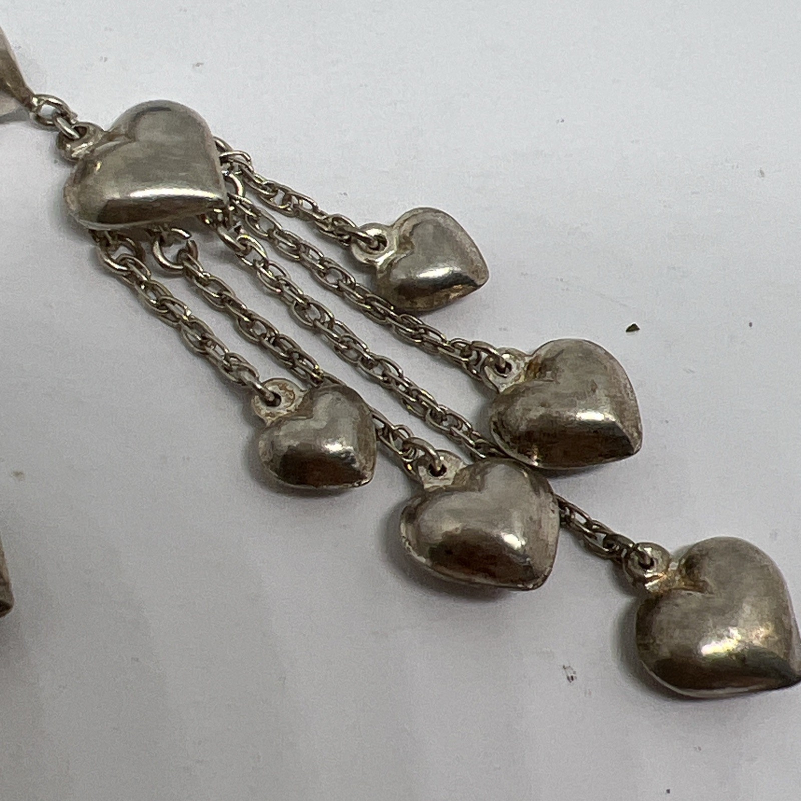 Vintage 925 Sterling Silver Puffy Heart Dangle Chandelier Earrings Signed CW 14