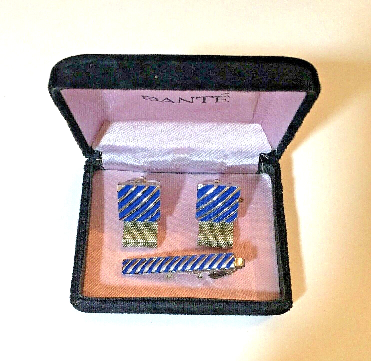 MCM Dante Cuff Links & Tie Clip Set Mesh Wrap Blue Enamel Stripe Wedding Formal