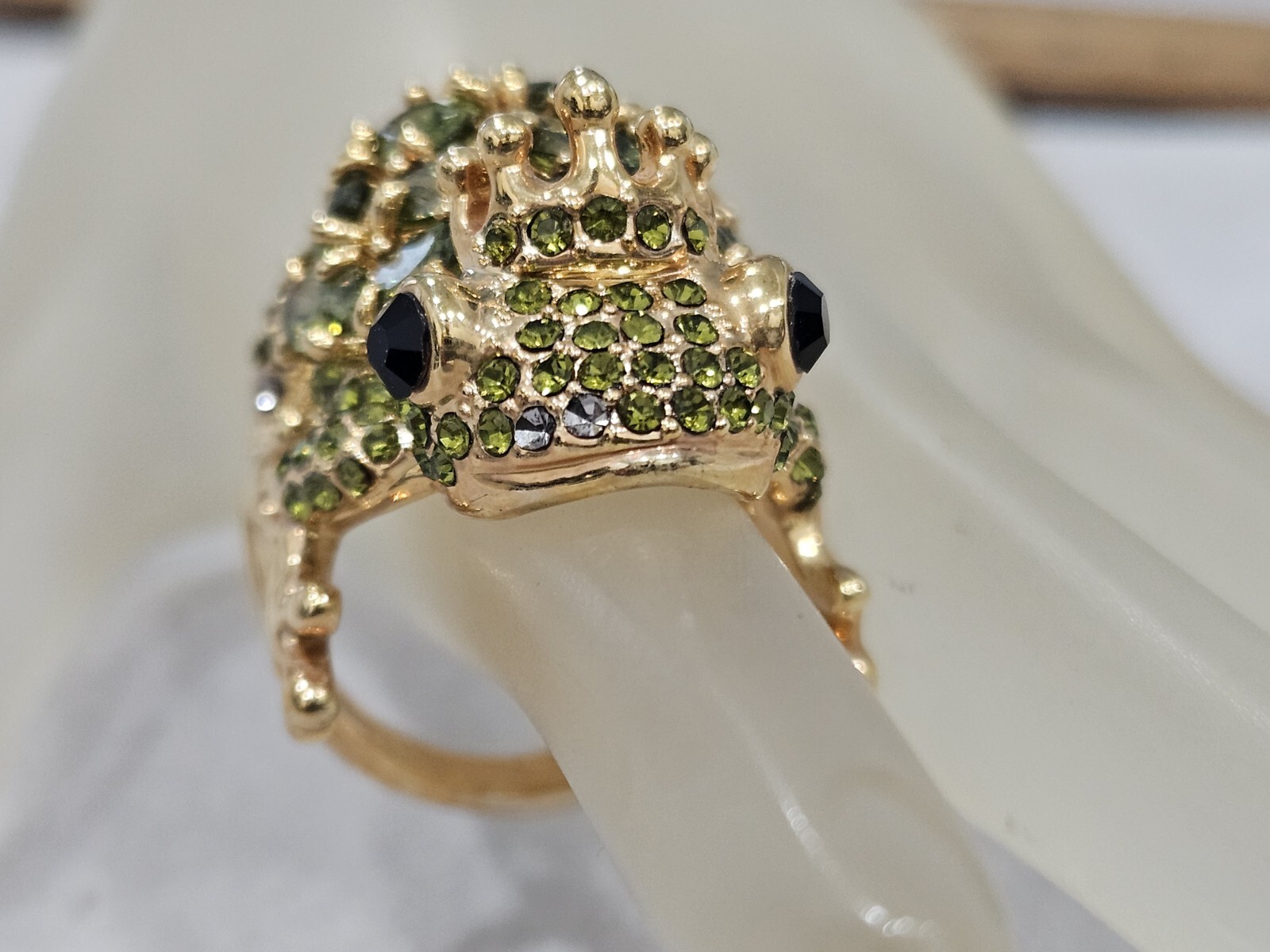 Real Collectibles By Adrienne Whimsical gold tone green crystal frog Signed PJM.