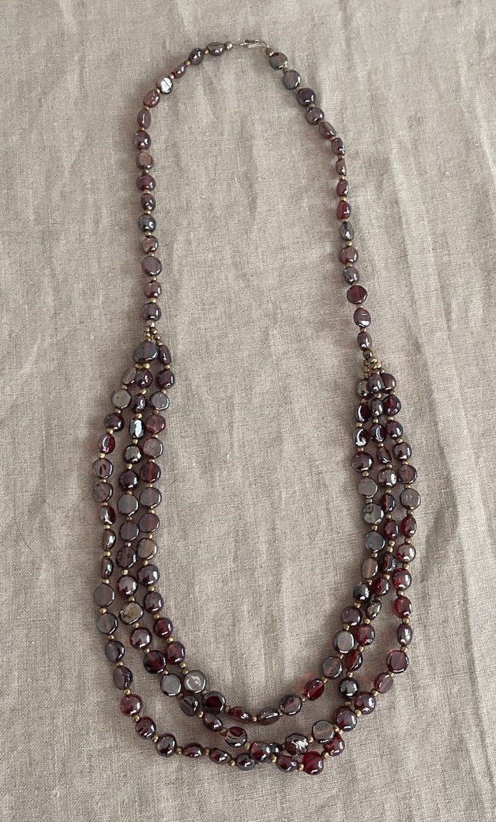 Vintage Red Garnet Iridescent Glass Gold Beaded Triple Layered 30” Bib Necklace
