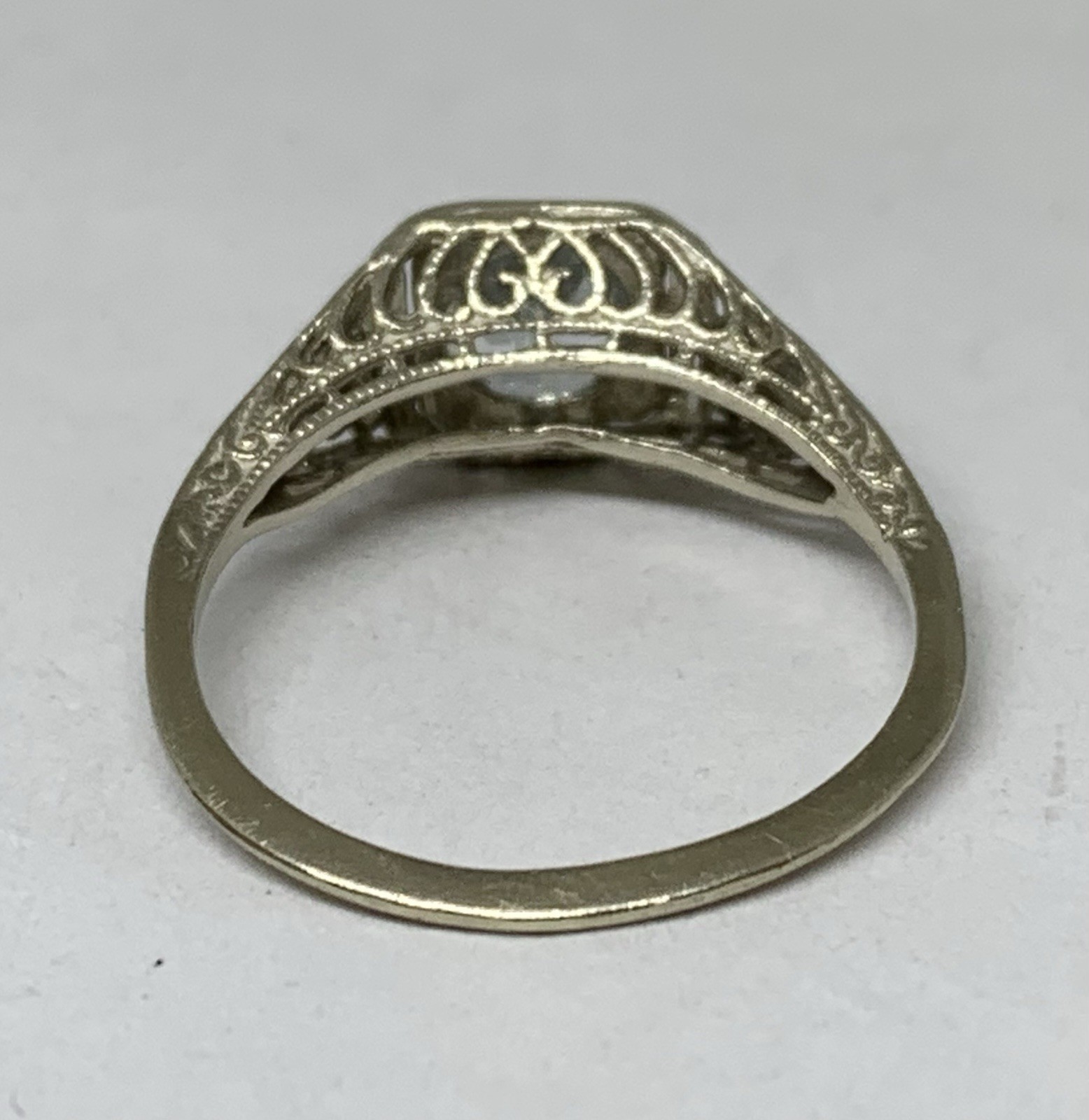 Art Deco Vintage 14k White Gold .5ctw Light Blue Aquamarine Filigree Ring Sz6.5