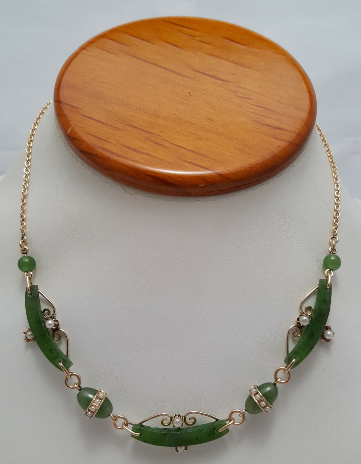 Vintage 9K Karat Solid Yellow Gold English Jade & Pearl Link Chain Necklace