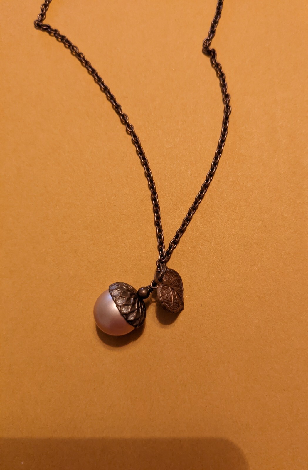 Copper Necklace With Pink Pearl Acorn Pendant