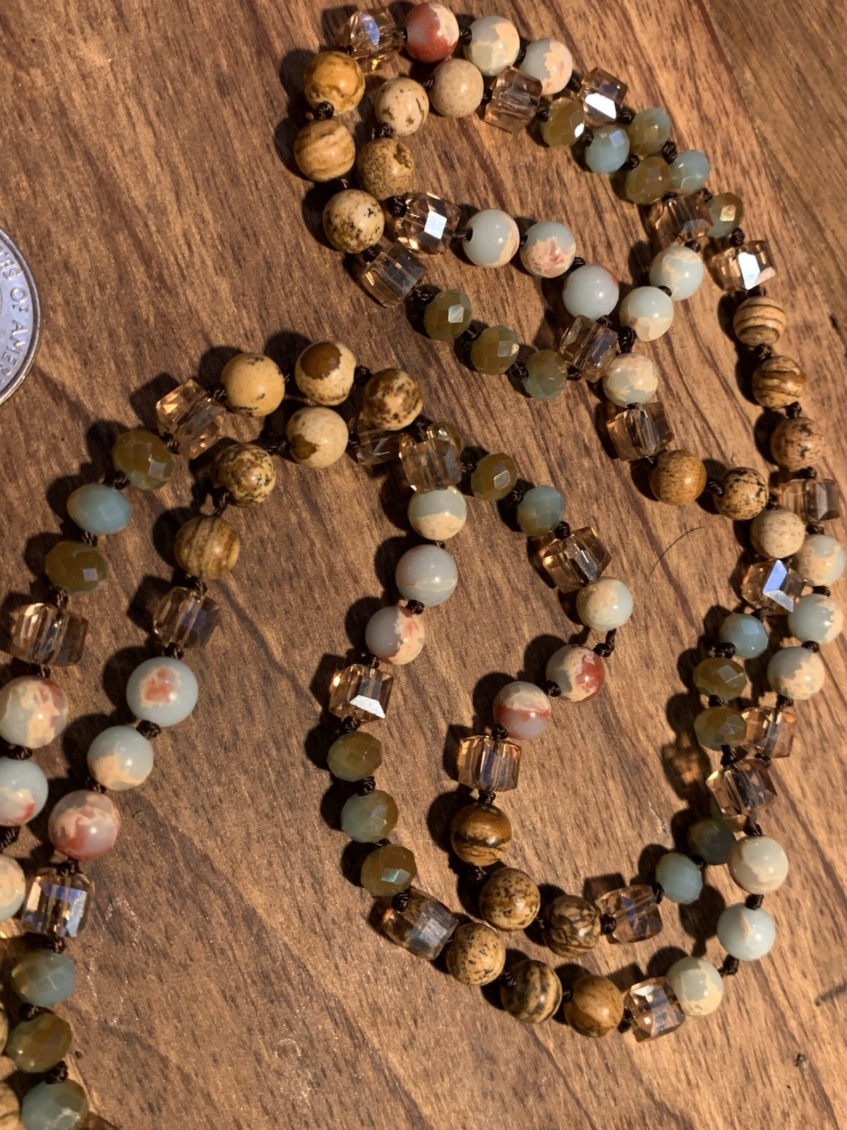 Vintage Boho Ocean Jasper Stone Crystal Artisan Beach Earthtones Necklace