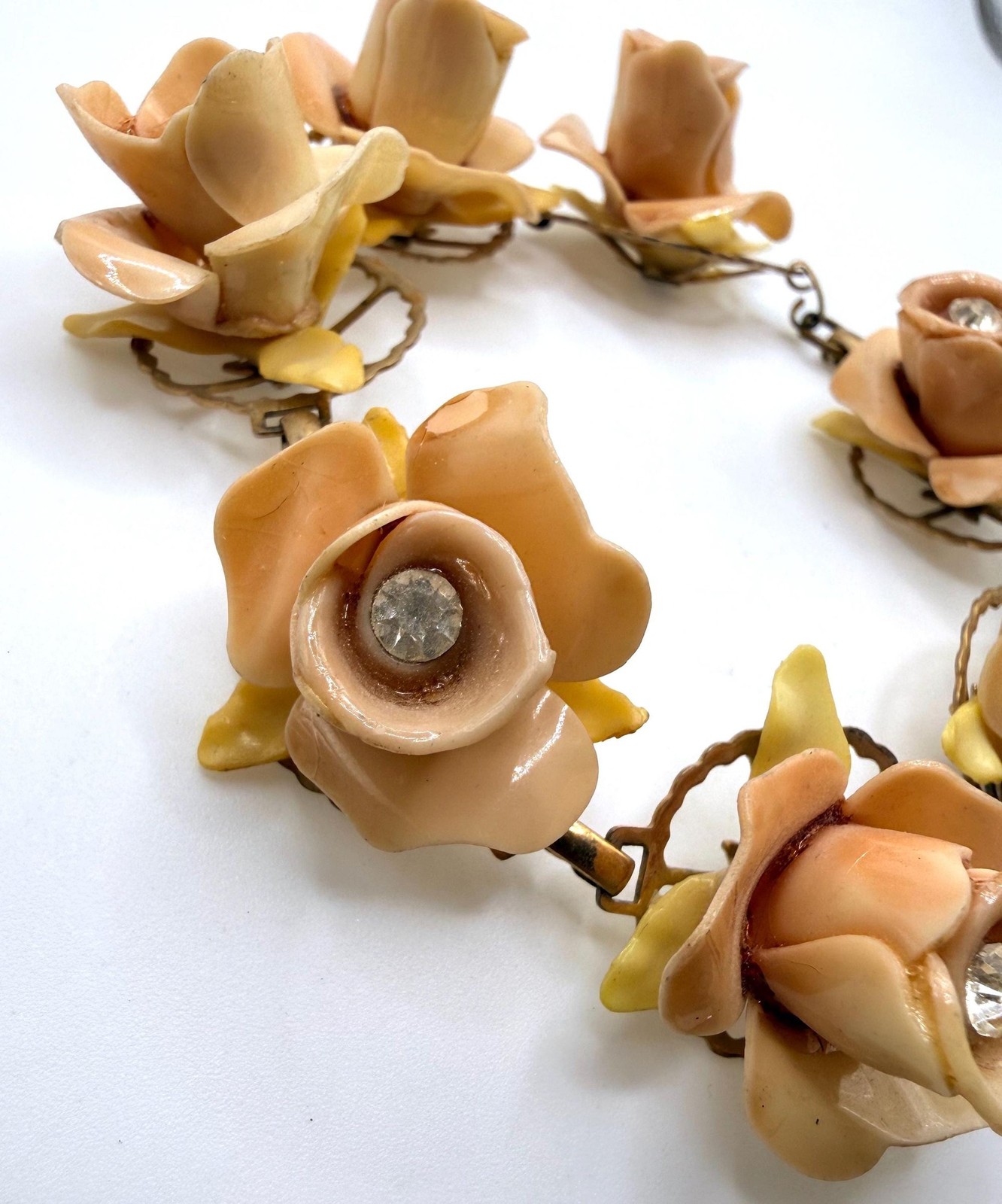 Vintage muted pink celluloid rose rhinestone bracelet