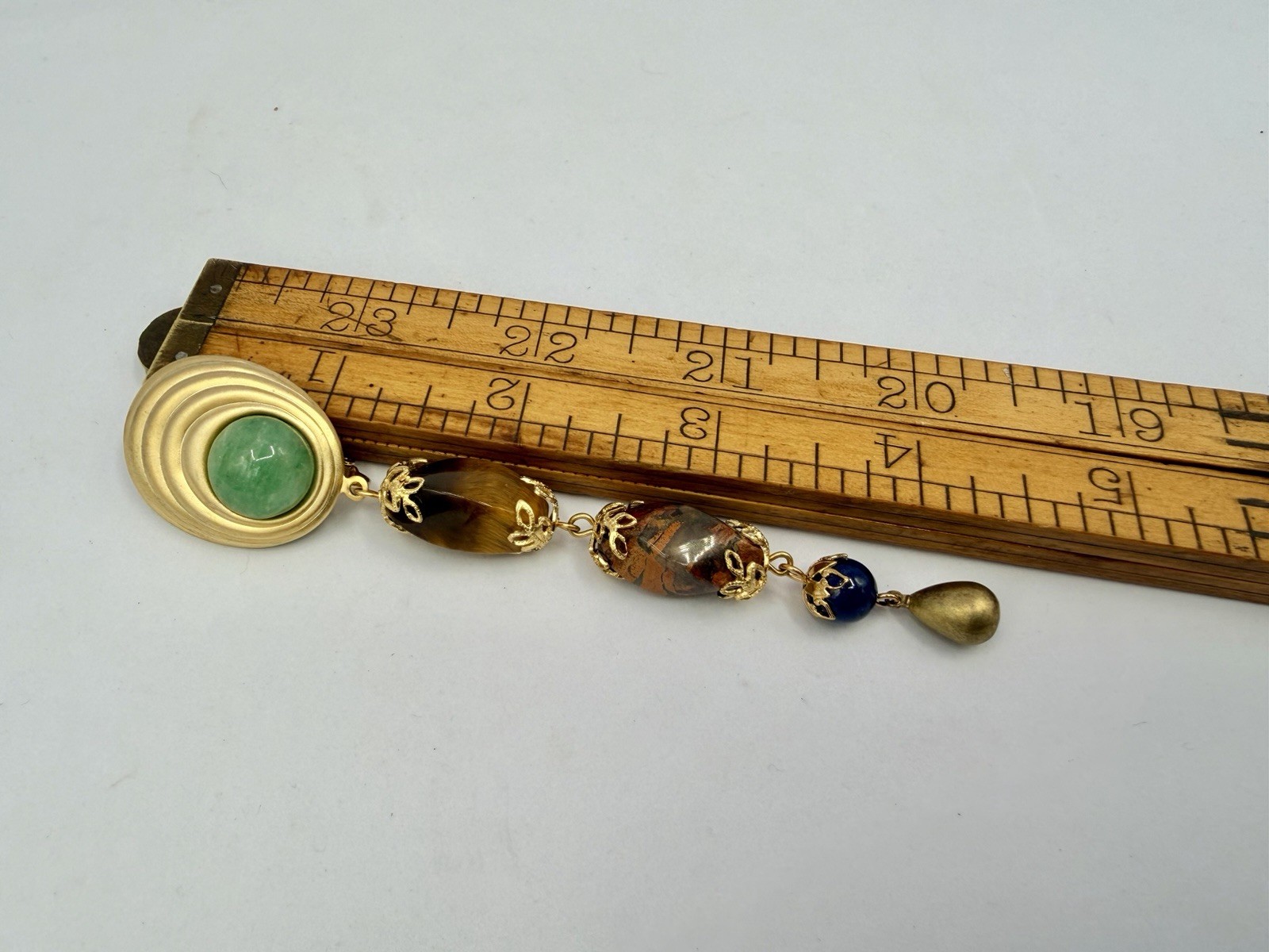 Vintage Gold Green Red Brown Long Gemstone Bead Dangle Earrings RO-DO NOS PY