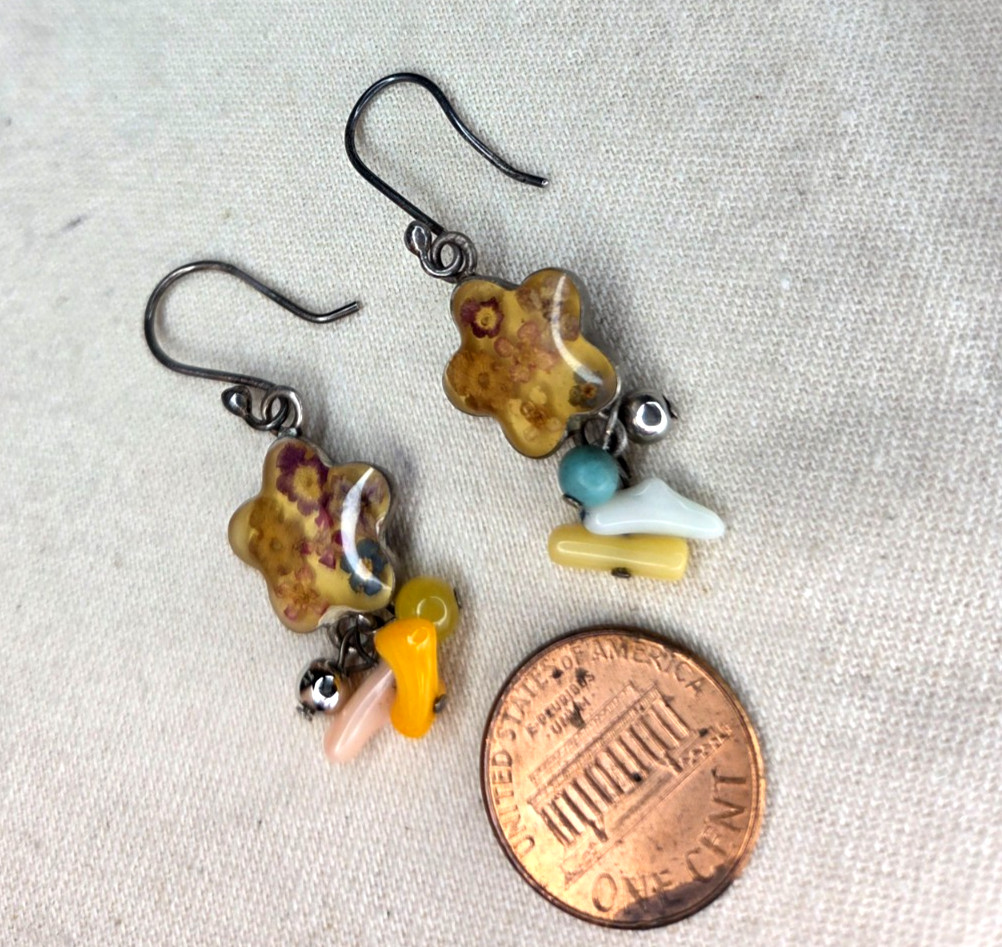 Signed ATI Mexico Pressed Flower Vintage Earrings Sterling Silver Drop