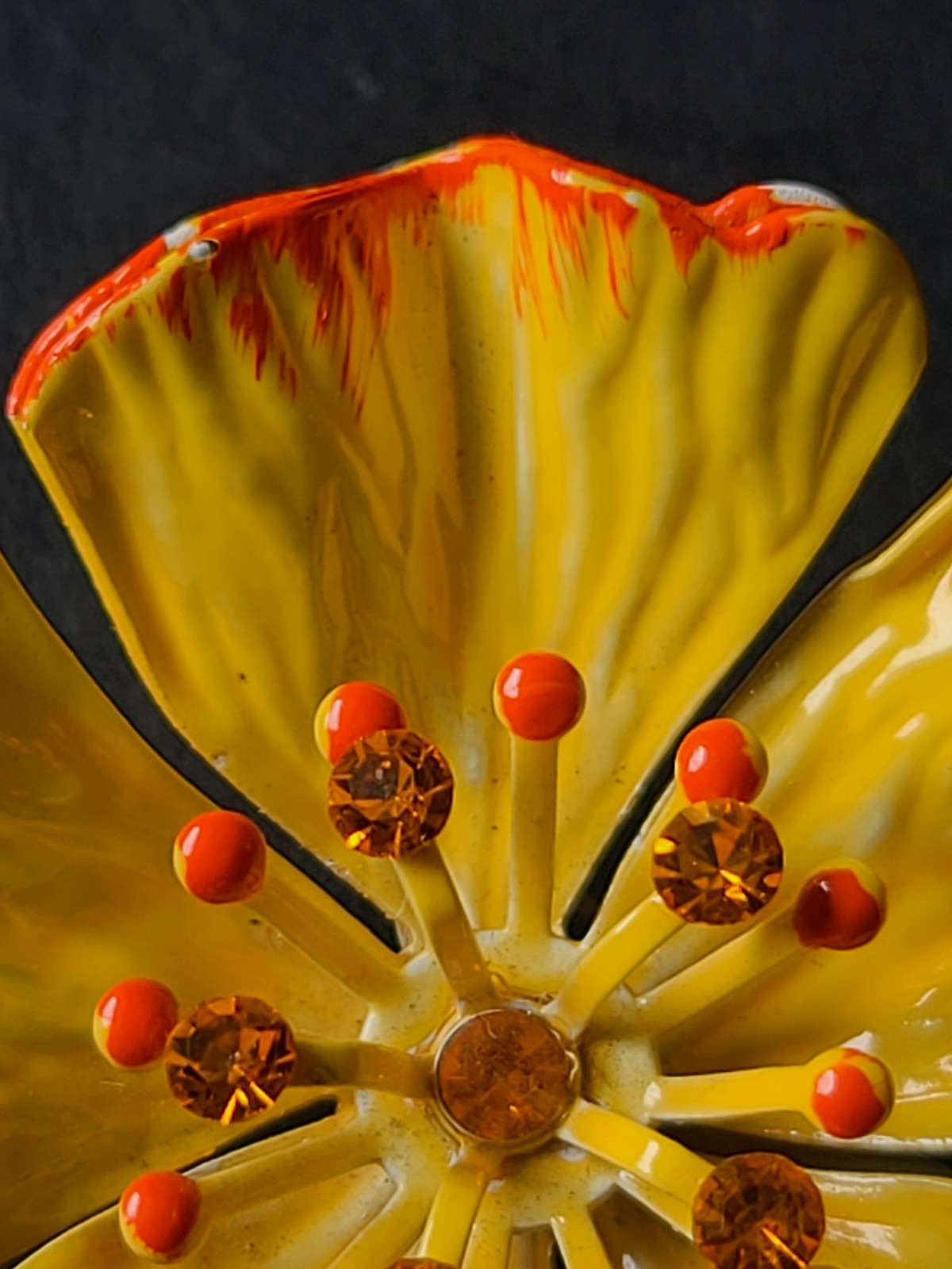 Vintage Yellow Enamel Poppy Flower Power Brooch Pin Hippie MCM Glows Under UV