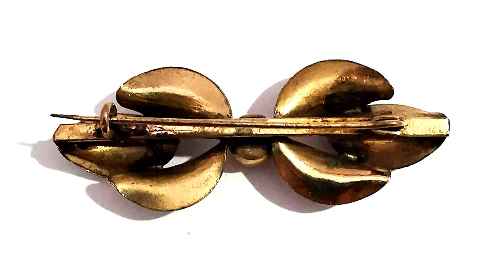 Vintage Czech Pin Brooch Floral Ornated Leafs Gilded Brass Colorless Rhinestone