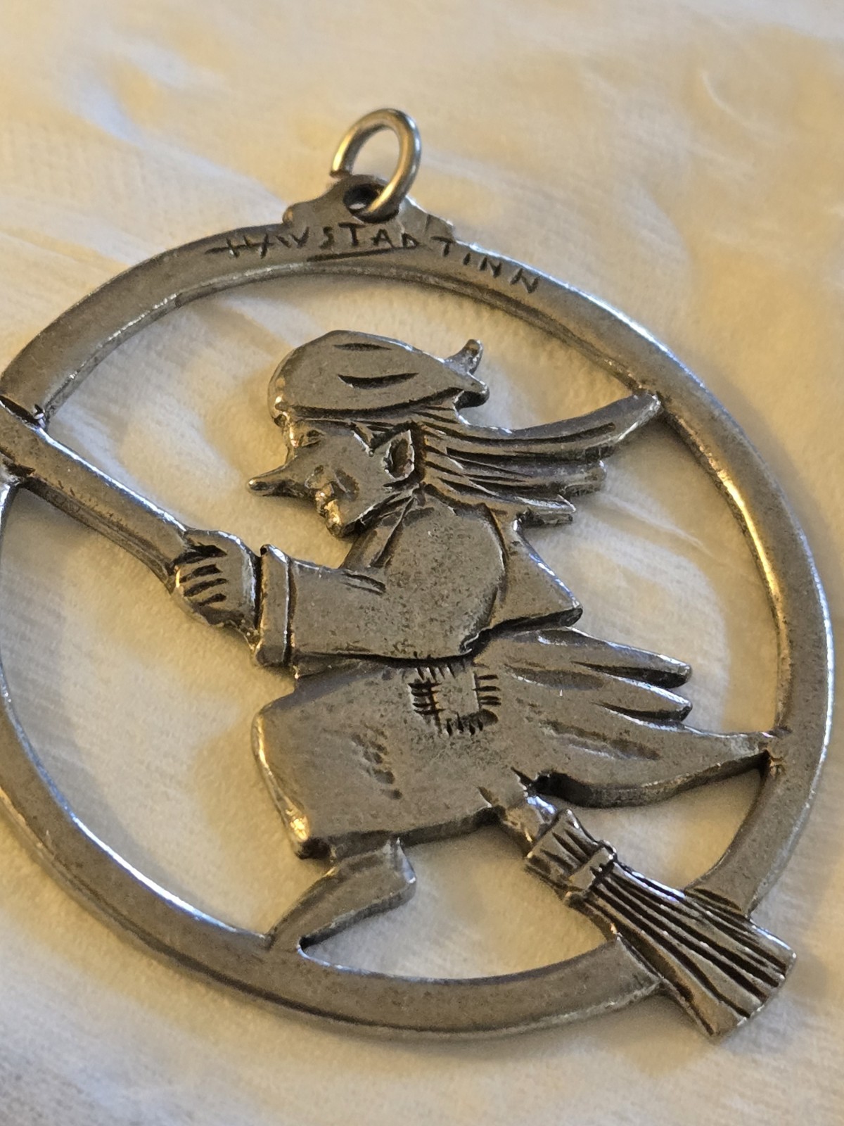 Vtg Havstad Tinn Pendant Pewter Witch on broom rare Ornament Norway Signed