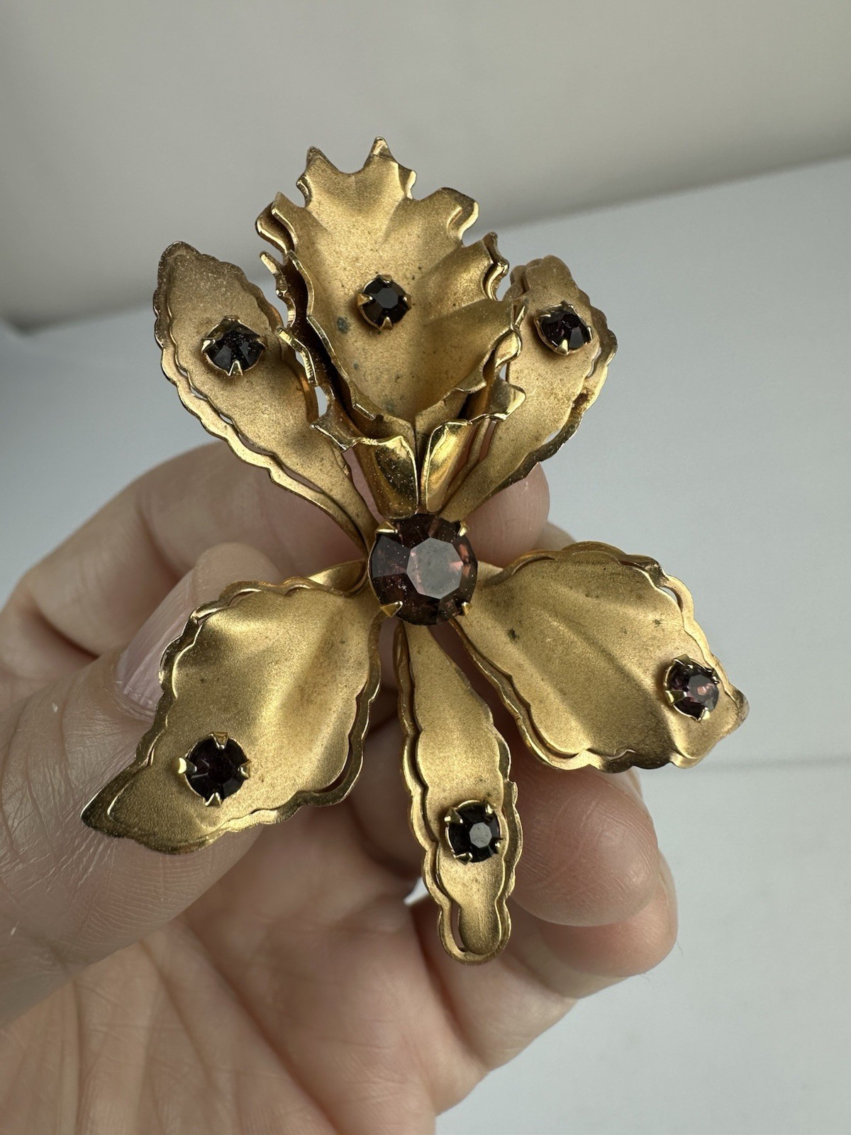 Goldtone Vintage Orchid Pin Purple Rhinestones
