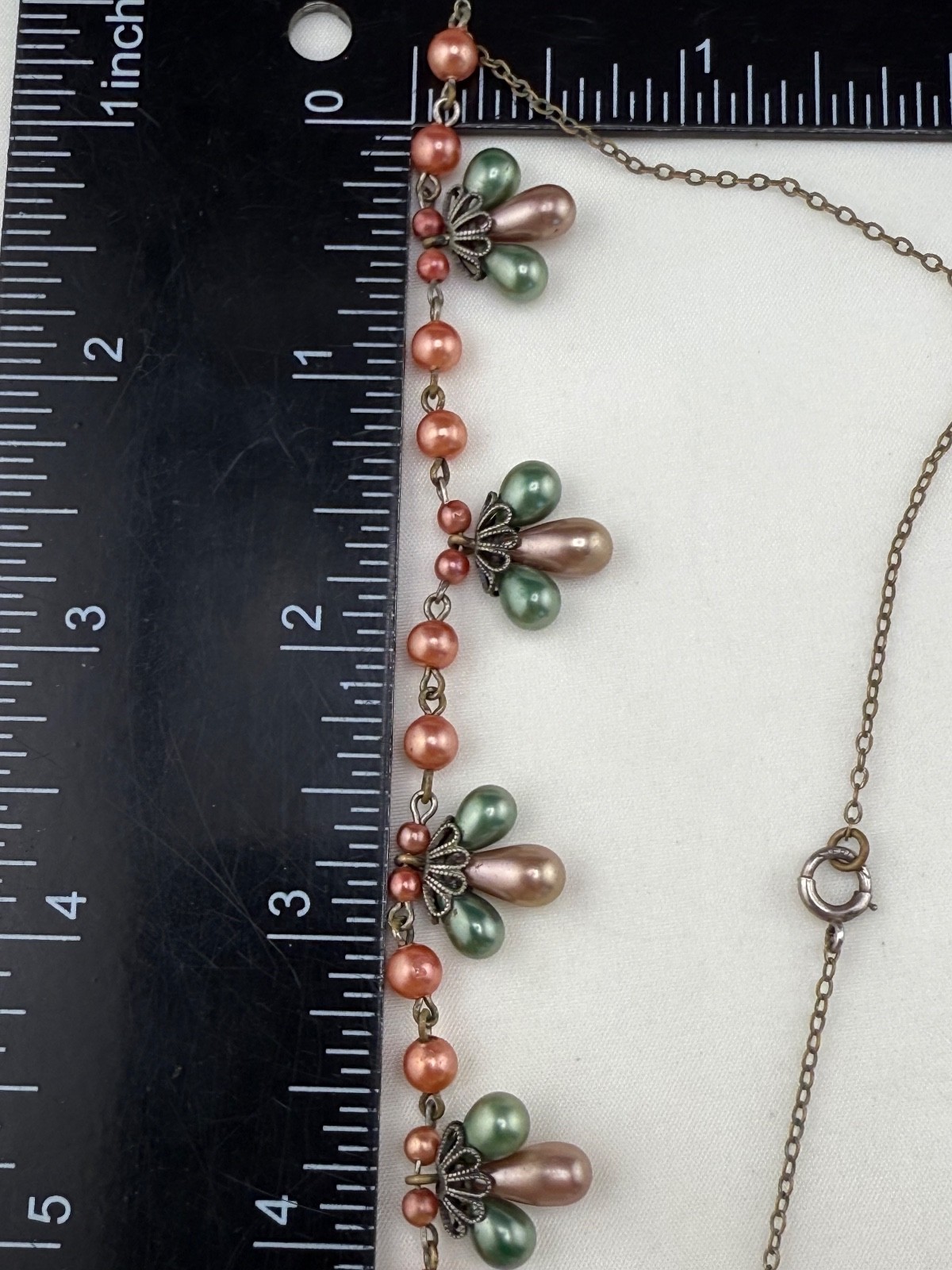 Vintage Dainty Faux Pearl Necklace Gold Tone Peach Green Brown 16”