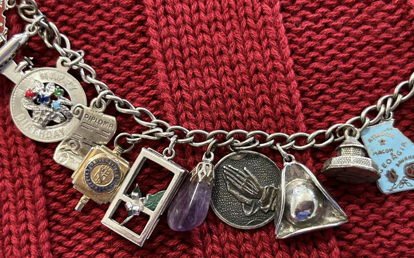 Vtg Sterling Silver Charm Bracelet w 15 Travel Buildings State Diploma UTC 47g
