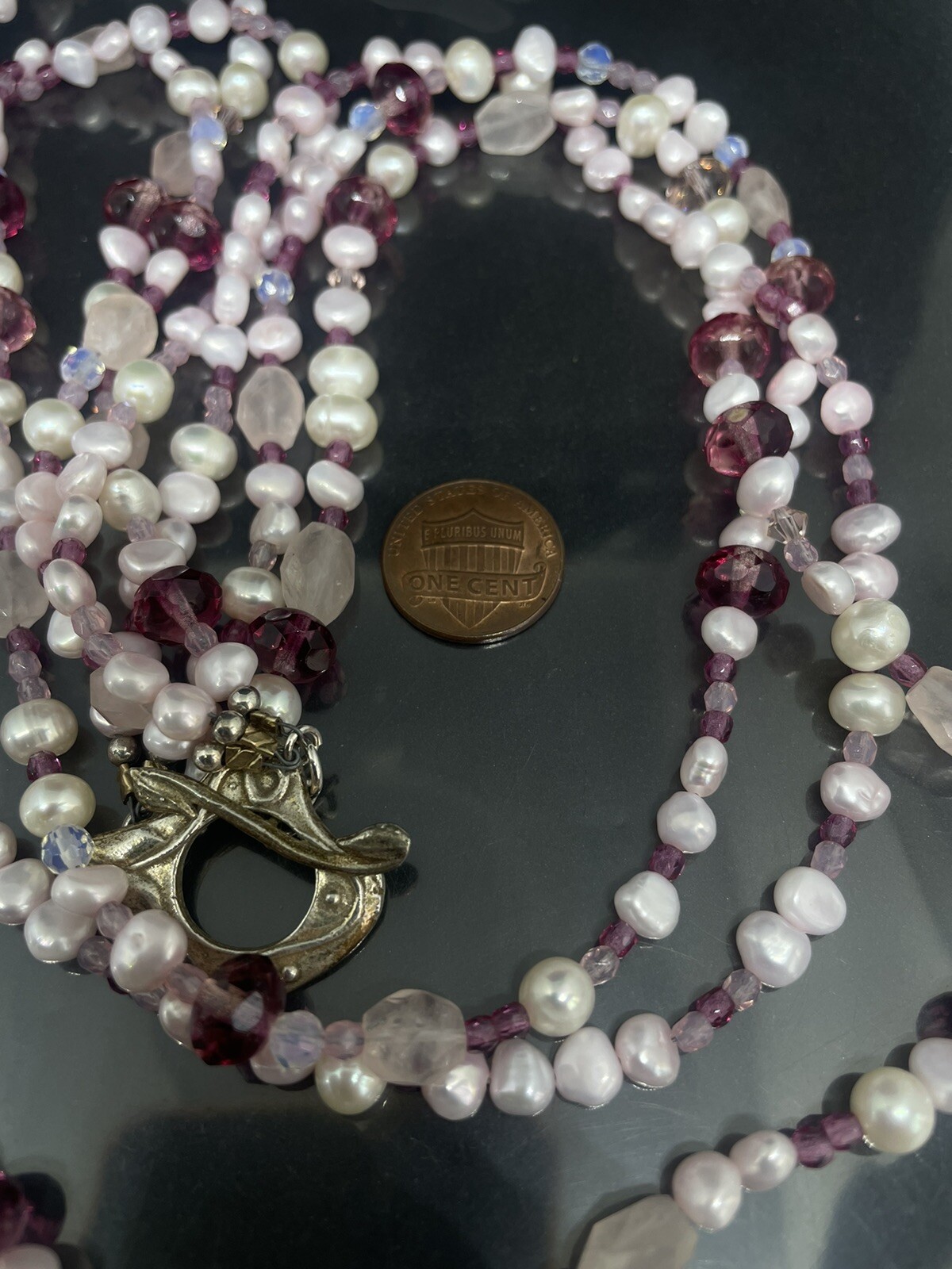 Vintage Sterling Toggle White Pearls Pink Purple Lucite Beads 3 Strands Necklace