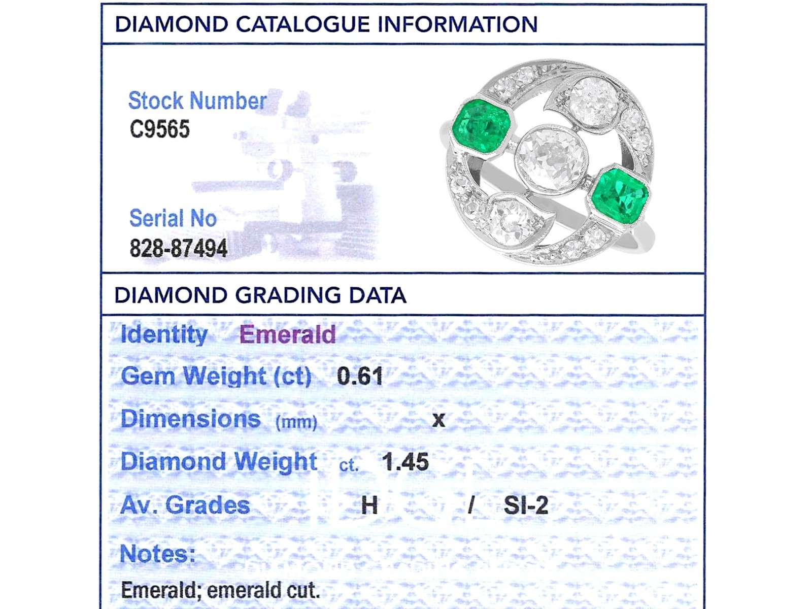 Antique 0.61Ct Emerald and 1.45Ct Diamond 18k White Gold Ring Circa 1920