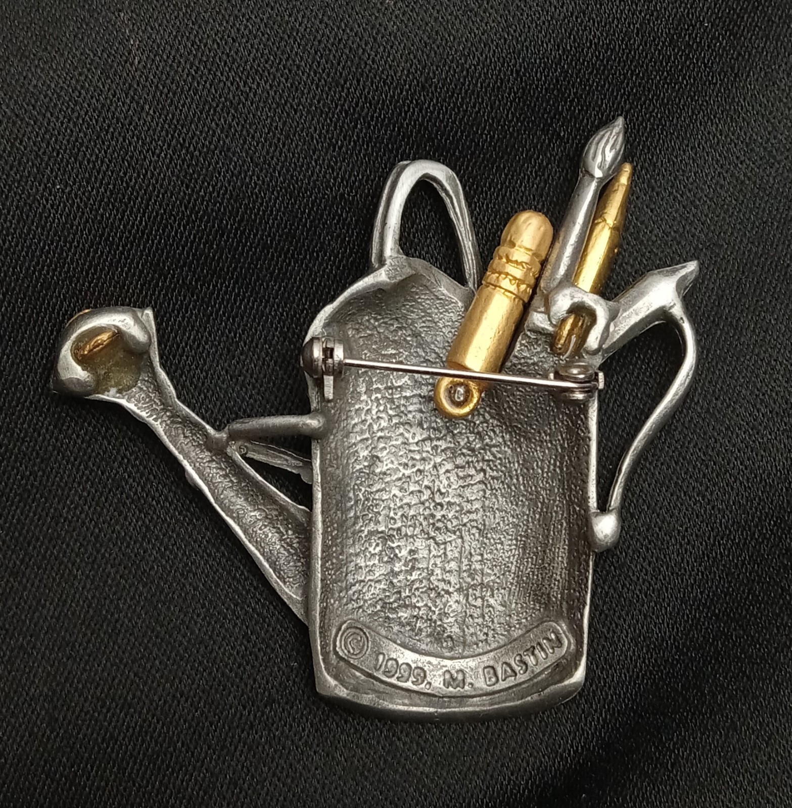 Vintage M Bastin Brooch Pin Pewter Silver Gold Tone Gardening Water Can 1999