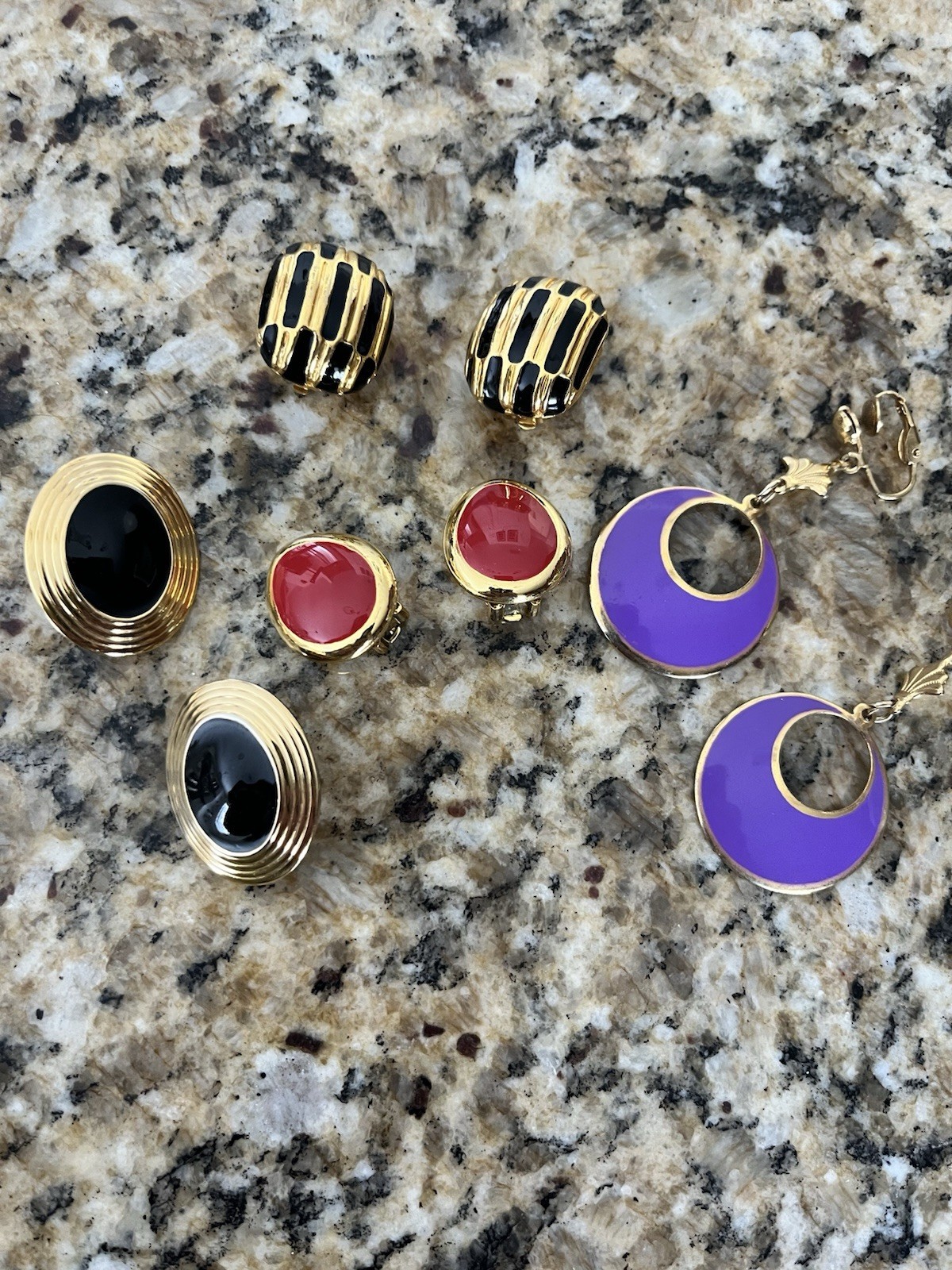 Vintage Gold Tone Multicolor Enamel Earring Lot Of 4 Clip On Purple Red Black