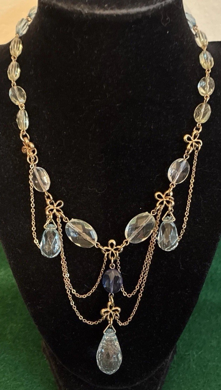 Edwardian Revival Gold Tone Necklace Ice Blue Faceted Teardrop Crystals Dangle