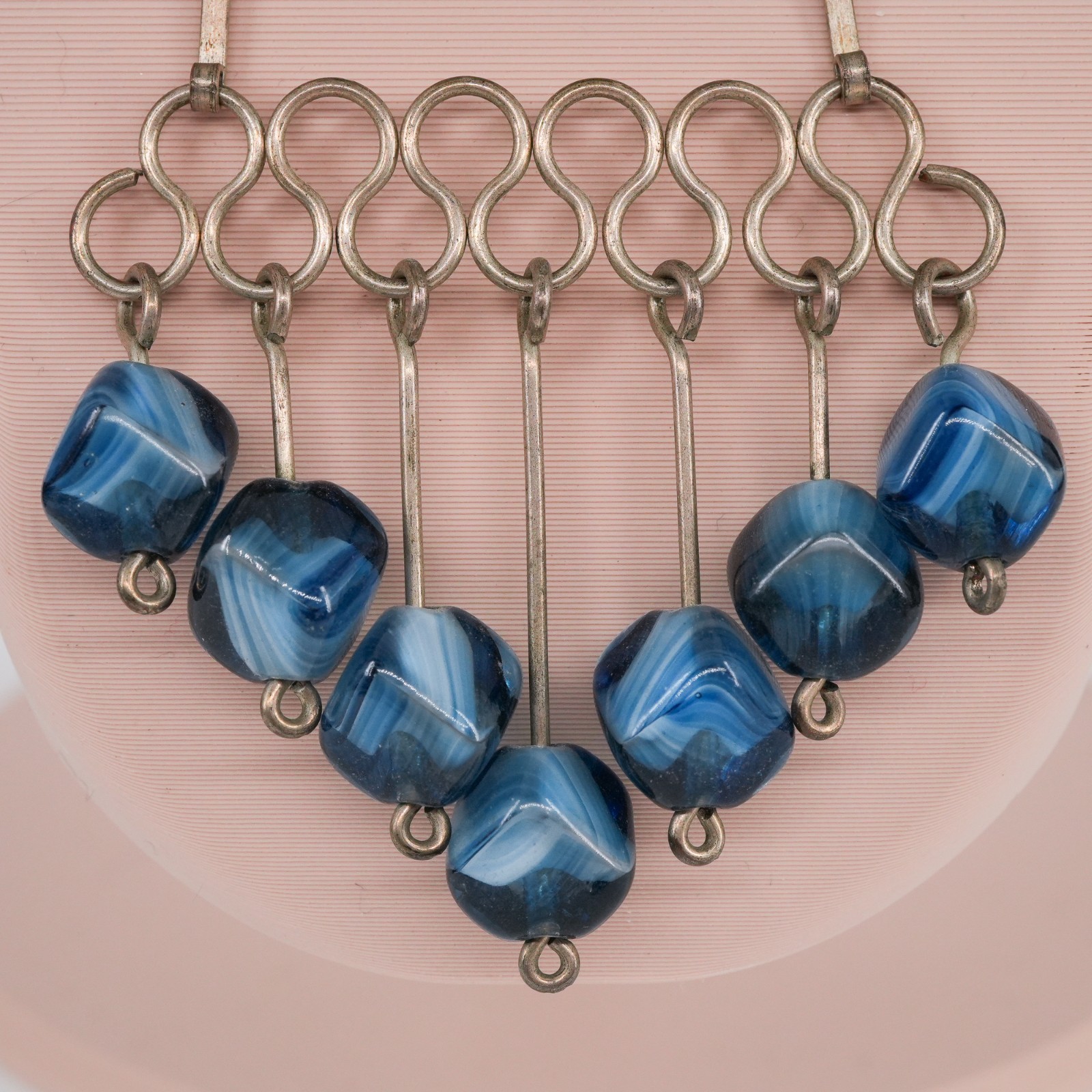 Wire Pendant Statement Necklace Blue Porphyry Glass beaded Drop 1970s VTG | 26″