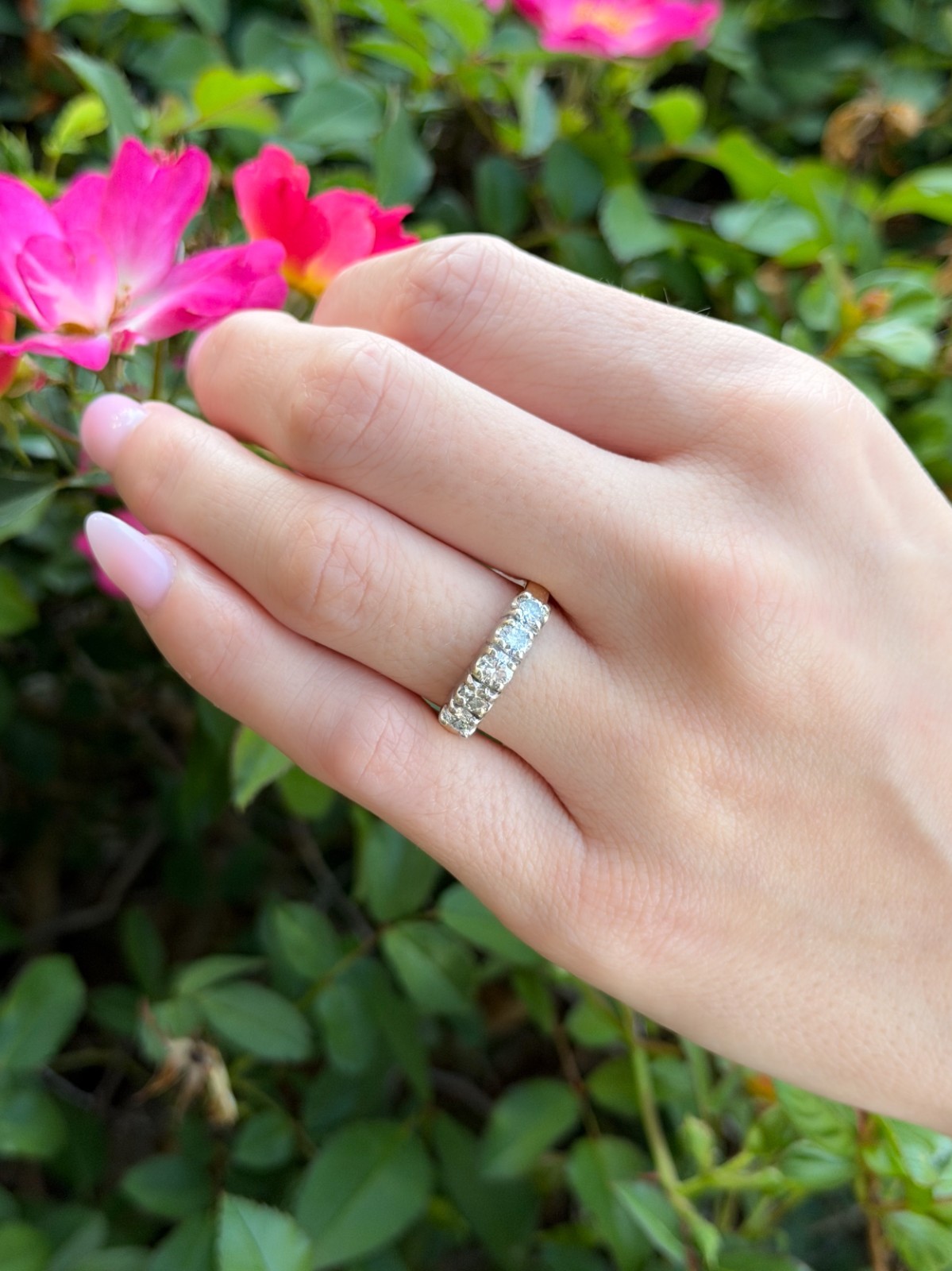 14k 5 Stone Diamond Ring Stacker Band 1 ctw 2-Tone Size 5.5 Vintage RG5006