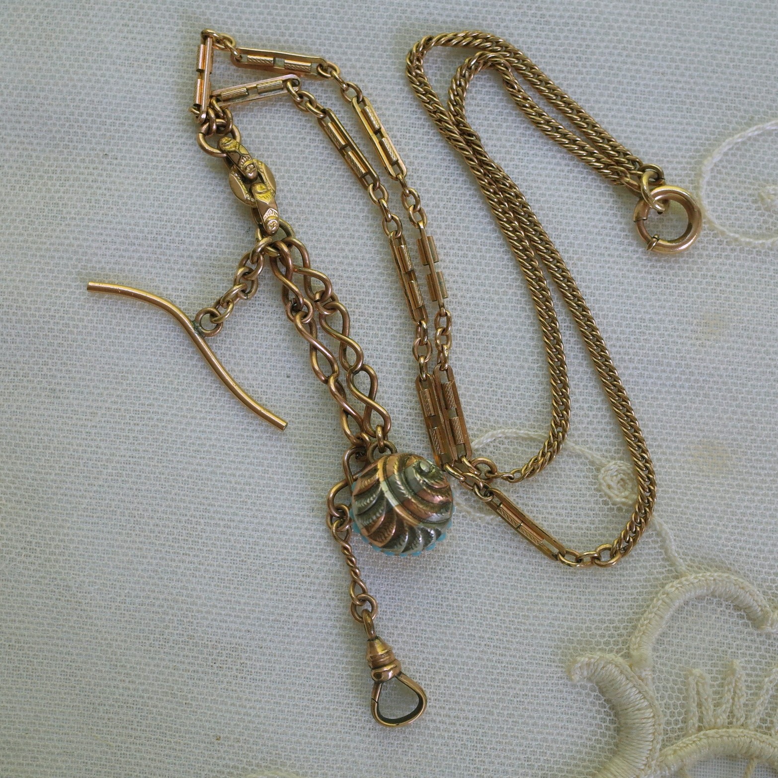 Antique Gold Filled Turquoise Watch Fob Necklace Bar & Link Chain Swivel Hook