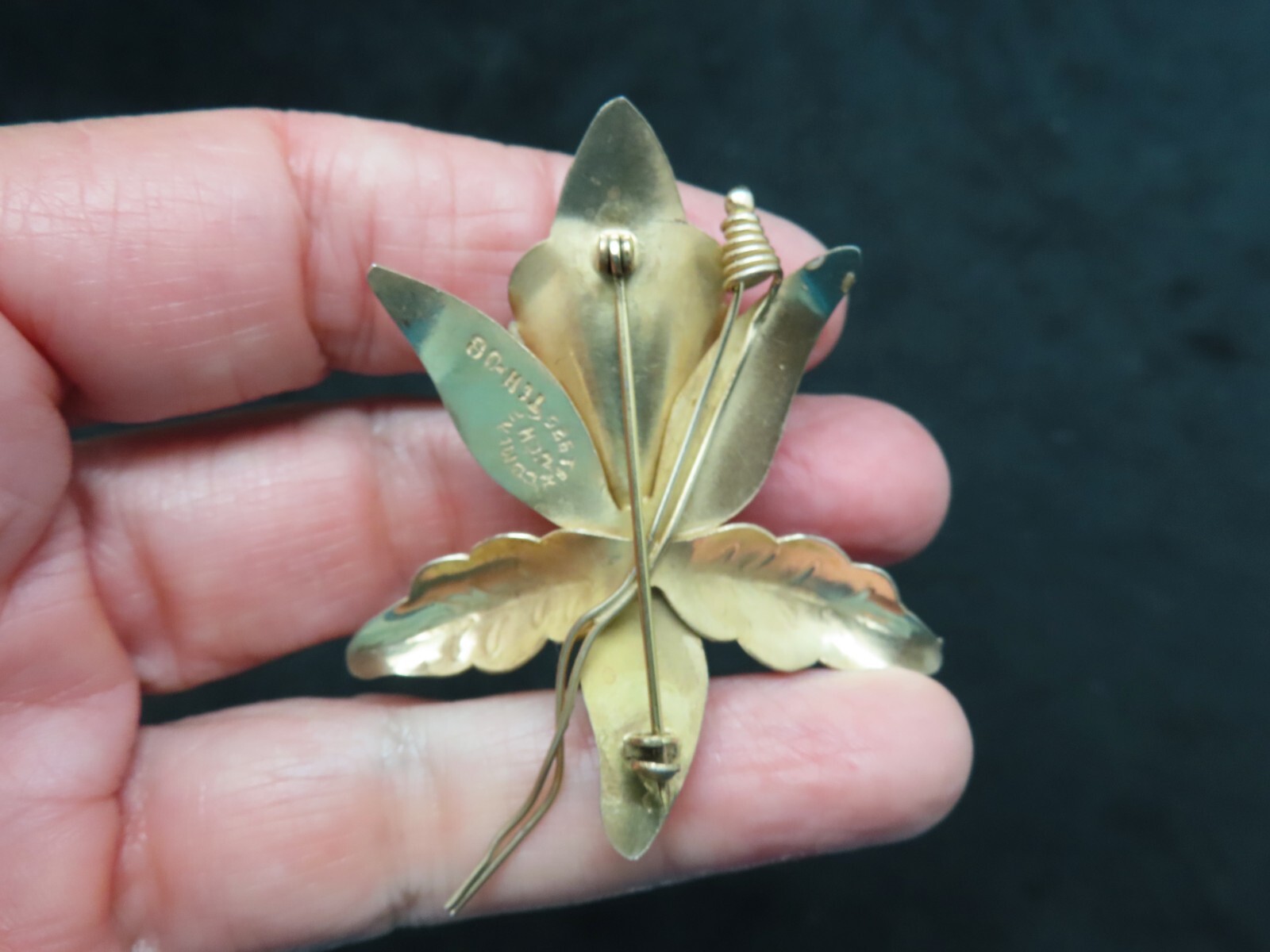 Vtg-Sterling Silver w/Gold Wash 1940’s Orchid Brooch w/Fire Agate TAXCO