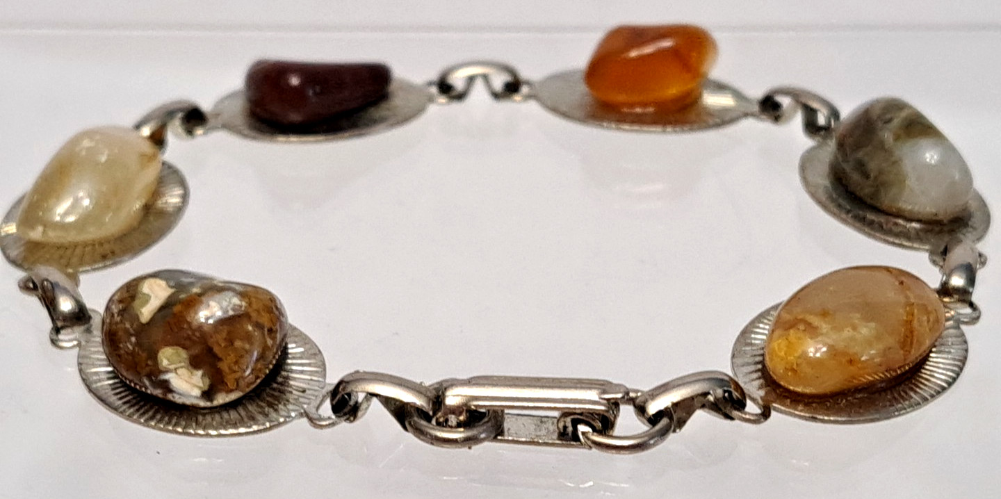 Vintage Silver Tone Tennis Bracelet Natural Precious Polished Stone Agates Color