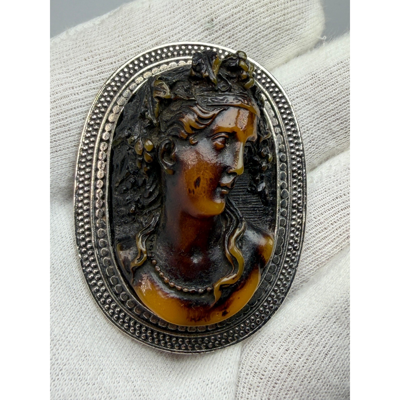 Antique Sterling Silver Cameo Brooch High Relief Amber Toned Lady Portrait #1193