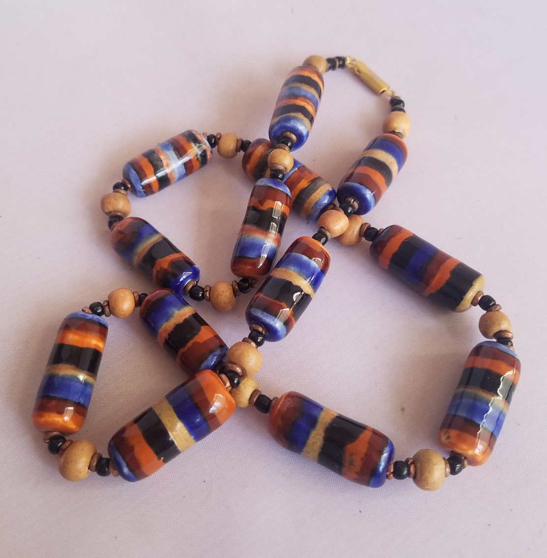 Vintage Ceramic Bead Necklace Orange Blue Brown Stripe Wood Beads Earth Tones