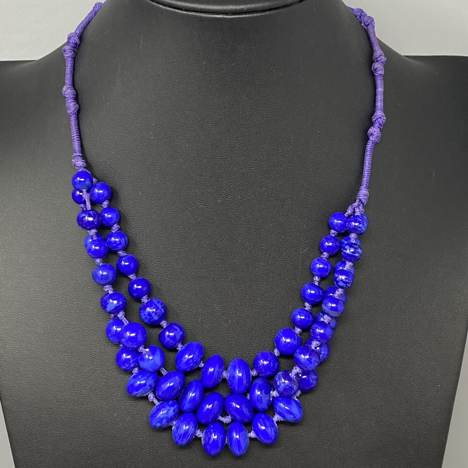 VTG Ceramic Bead Necklace Blue Marble Hand Knot Cord Chain Multi Strand Boho 21″