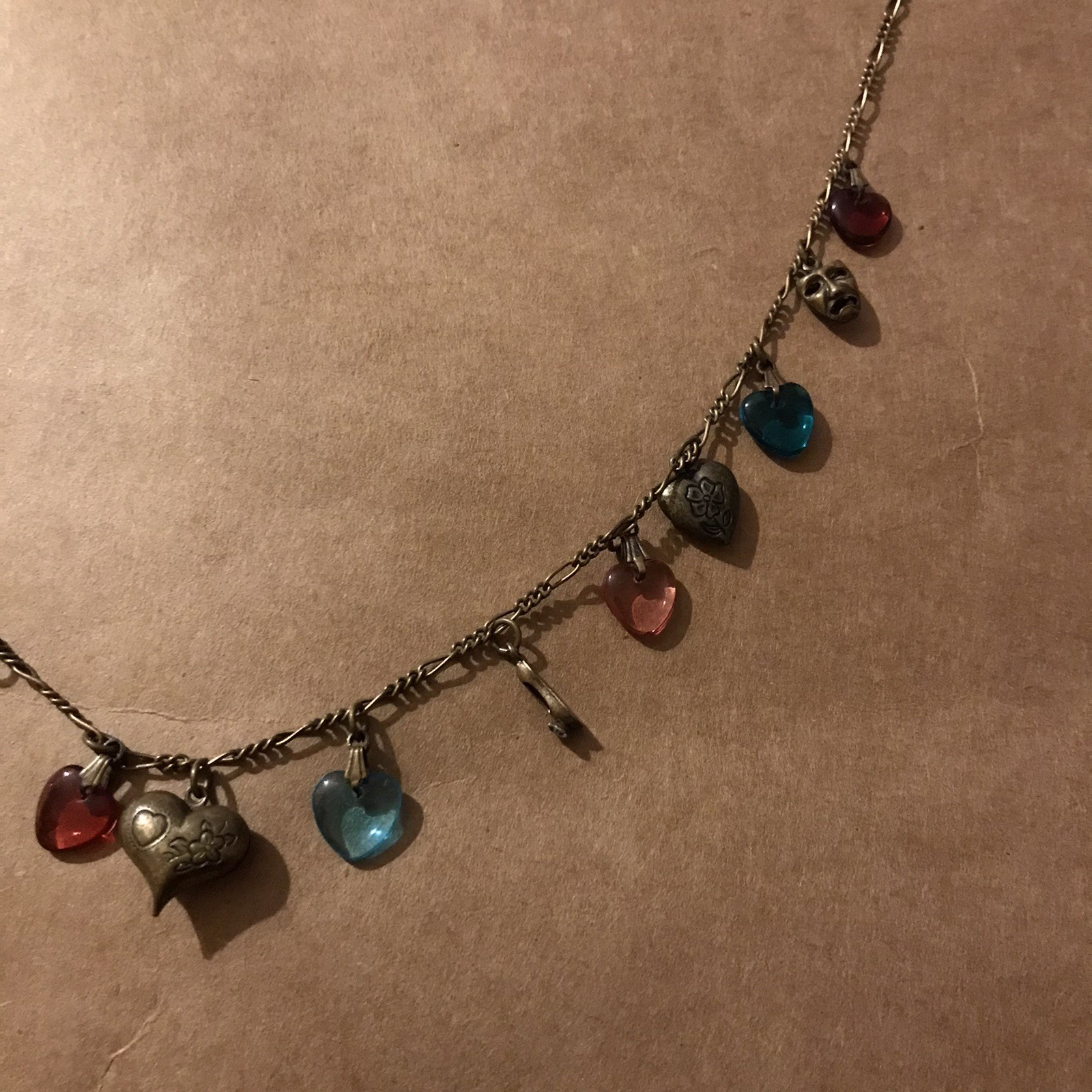 Vintage Glass Works Studio Charm Necklace Brass With Glass Hearts & brass Charms
