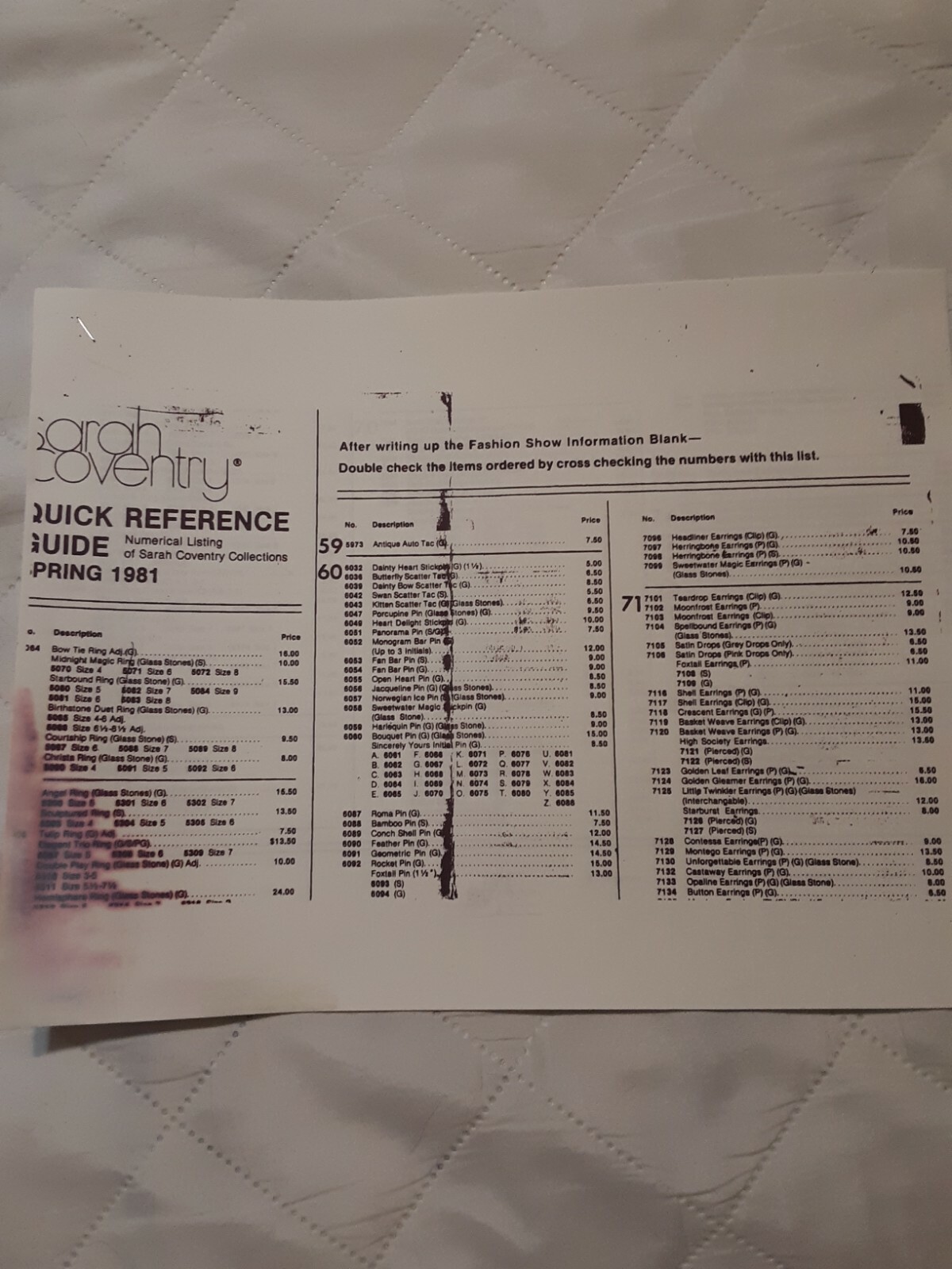 PRINTED COPY OF A 1981 “QUICK REFERENCE GUIDES ” SARAH BOOK BOOK. 4 PAGES