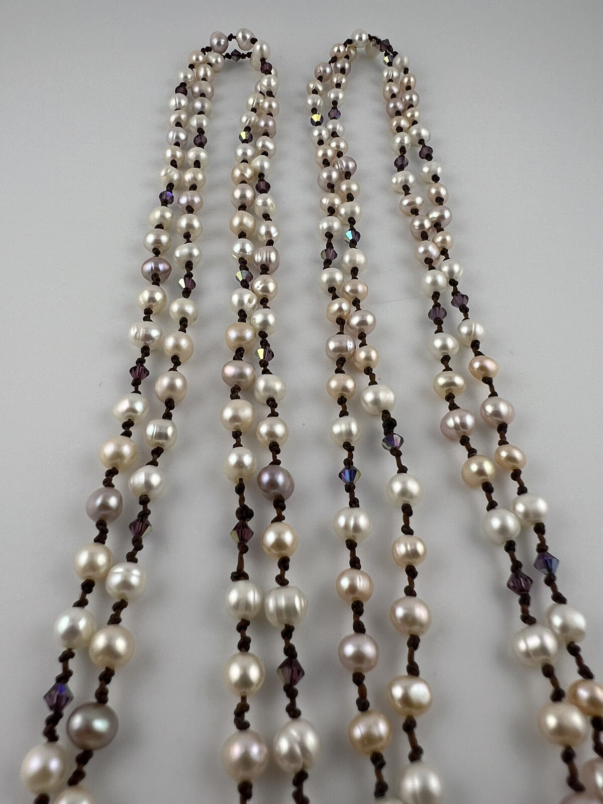 VINTAGE Set of 2 Baroque Pearl Knotted Brown Leather Necklace 20” A53