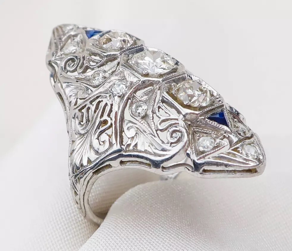 Circa 1920s Exquisite Art Deco 925 Real Silver White CZ & Blue Sapphire Ring