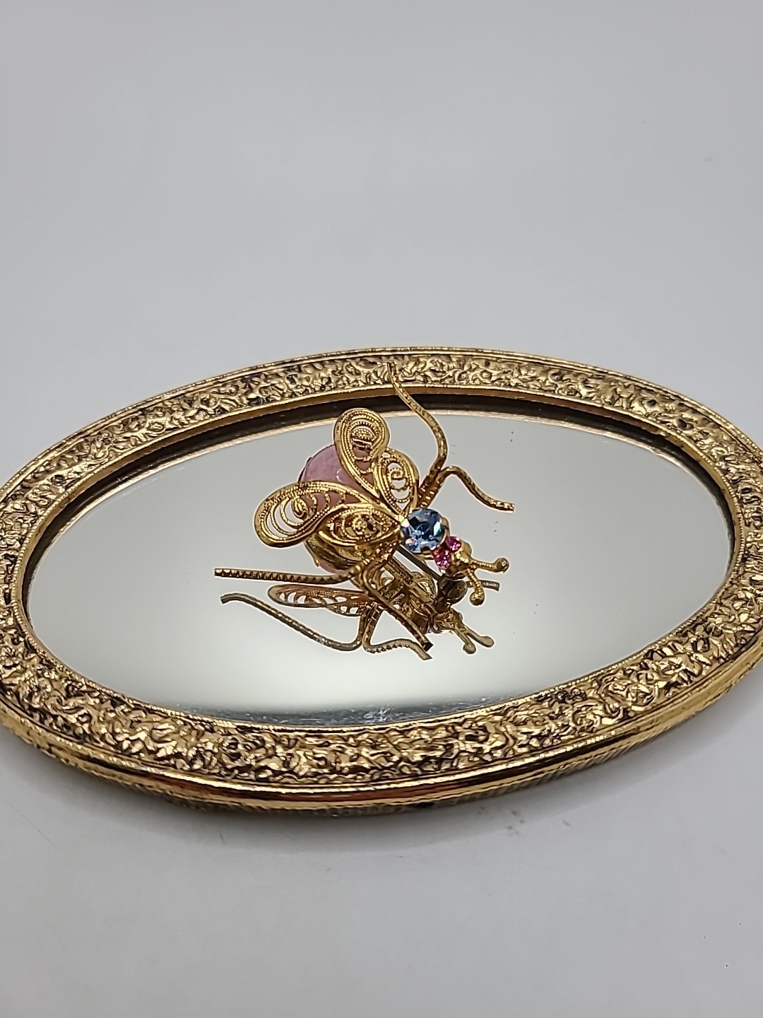 Vintage Goldtone Filagree Rhinestone Pink Blue Winged Bug Insect Brooch