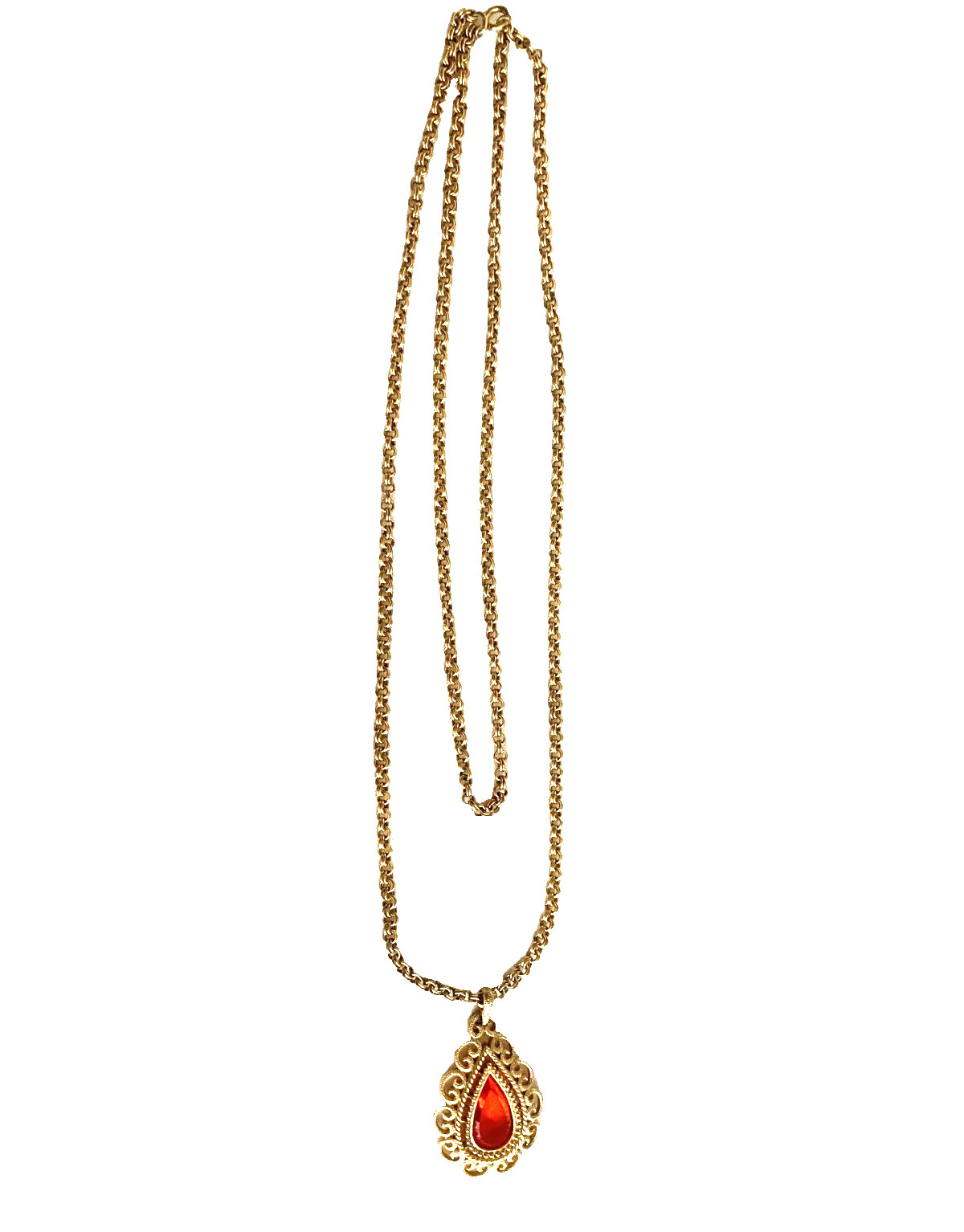 Vintage Granada AVON Teardrop Necklace-Lg Red/Orange Stone-Gold Tone Dubl Chain